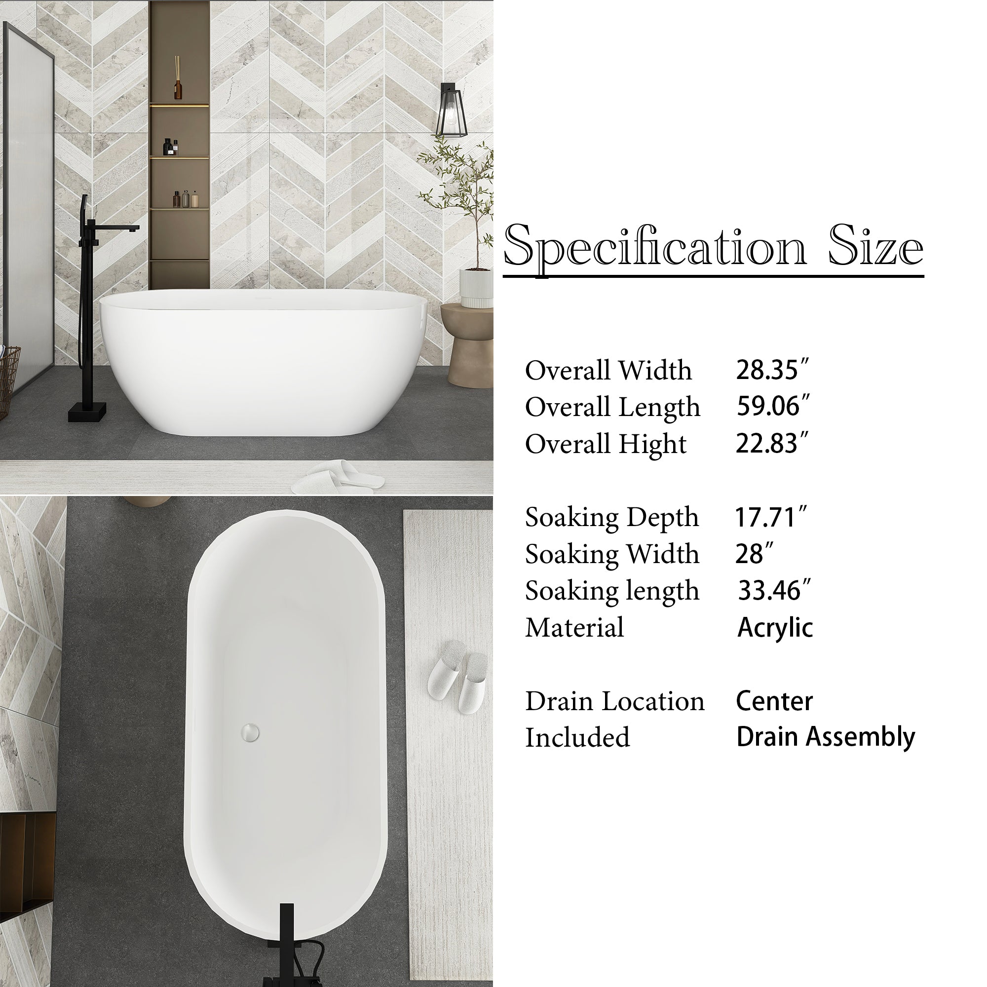 59 in. Acrylic Freestanding Soaking Bathtub in Glossy White