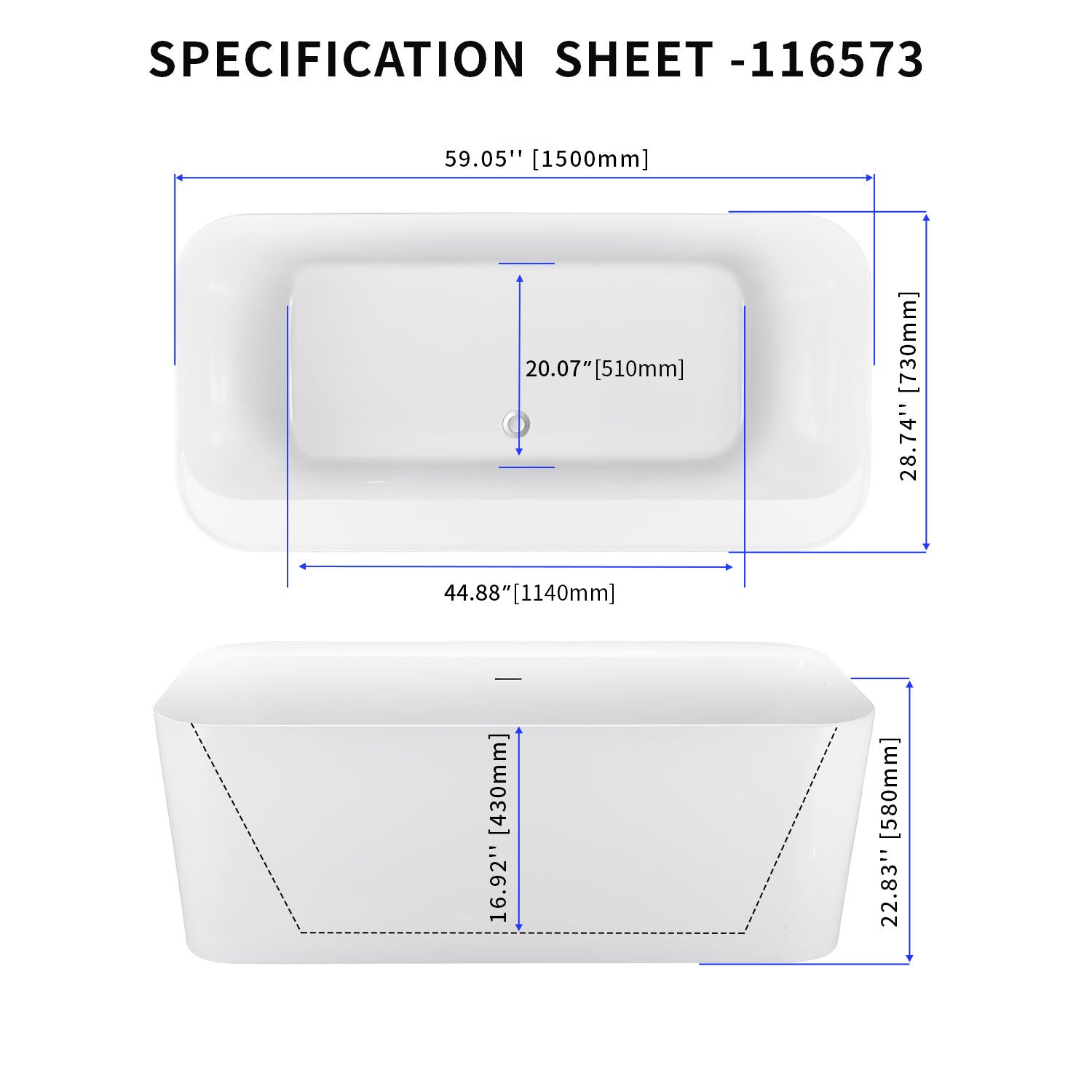 Soaking Bathtub with Center Drain in Glossy White
