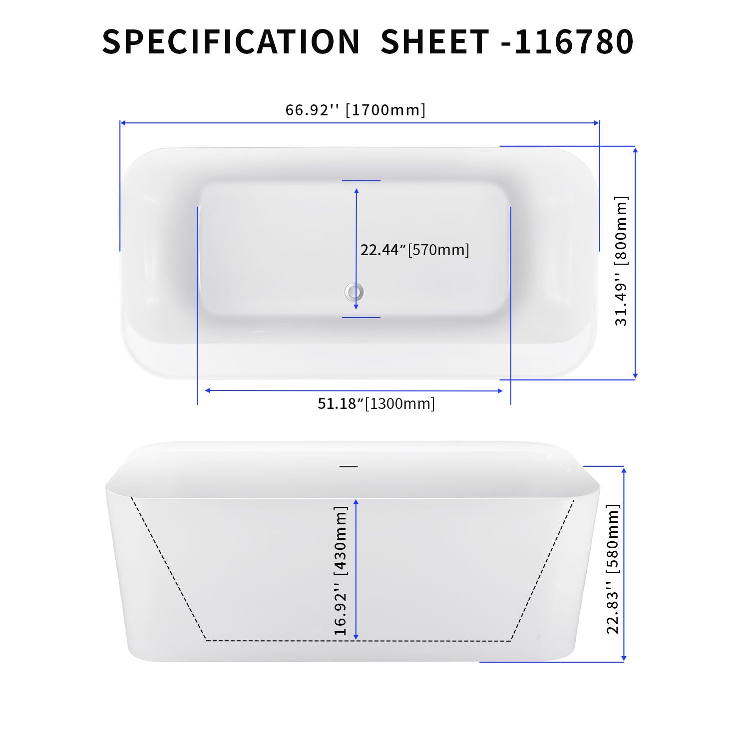 Soaking Bathtub with Center Drain in Glossy White