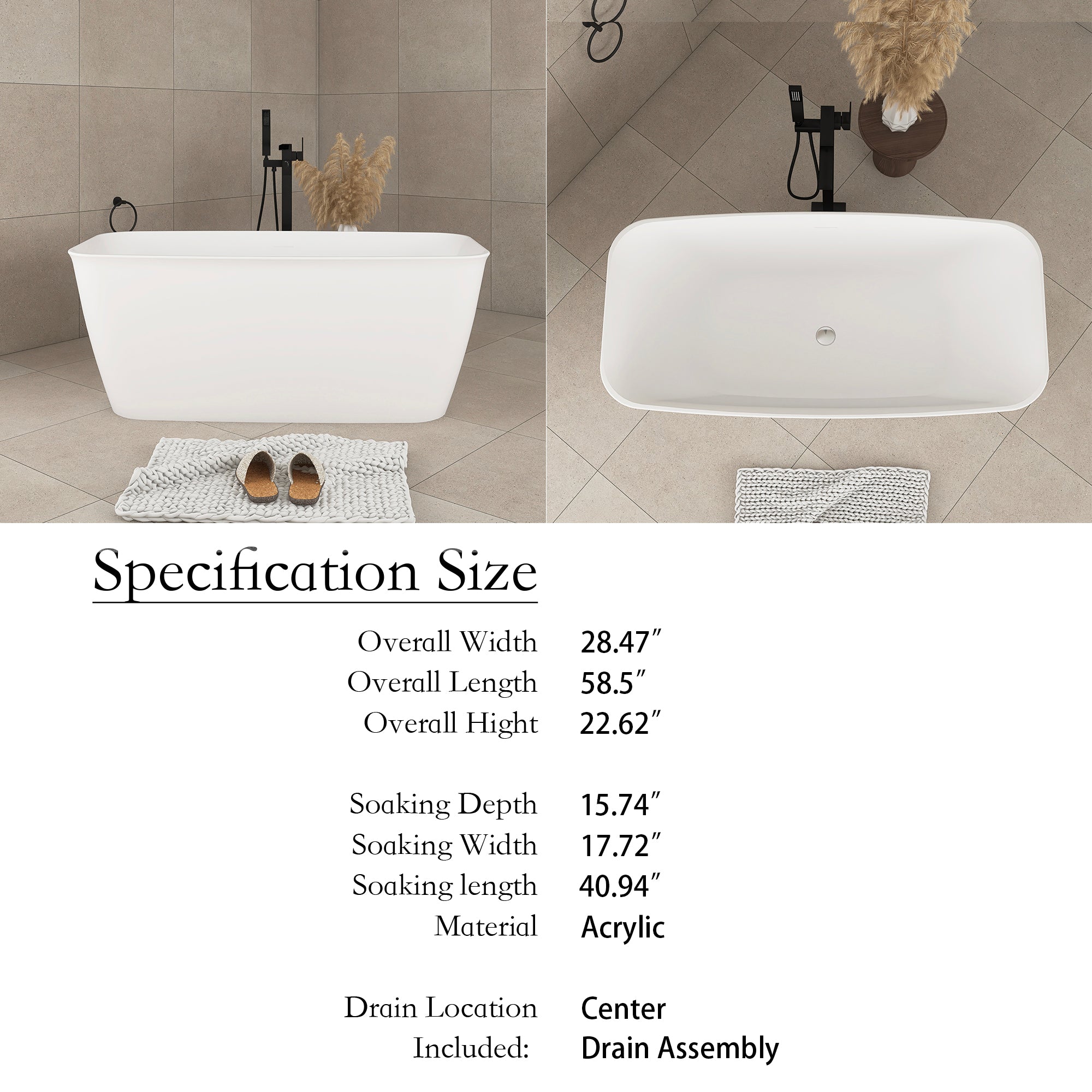 59 in. Acrylic Freestanding Flatbottom Soaking Bathtub