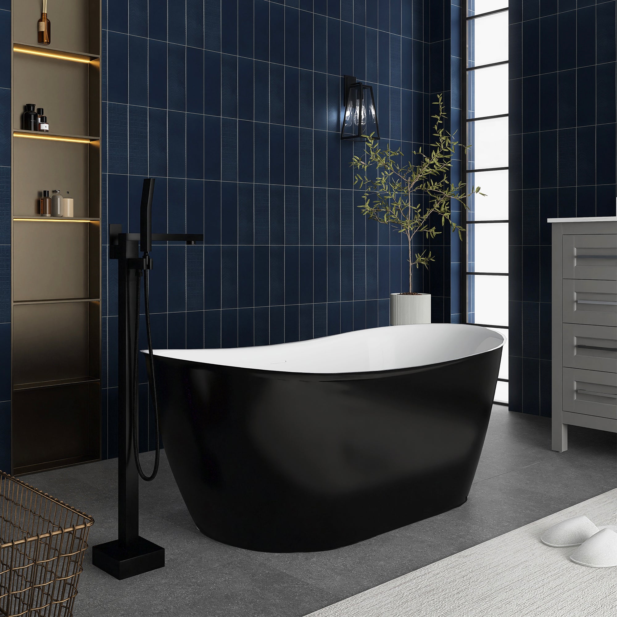 59 in. x 28 in. Soaking Bathtub with Center Drain in Matte Black and White