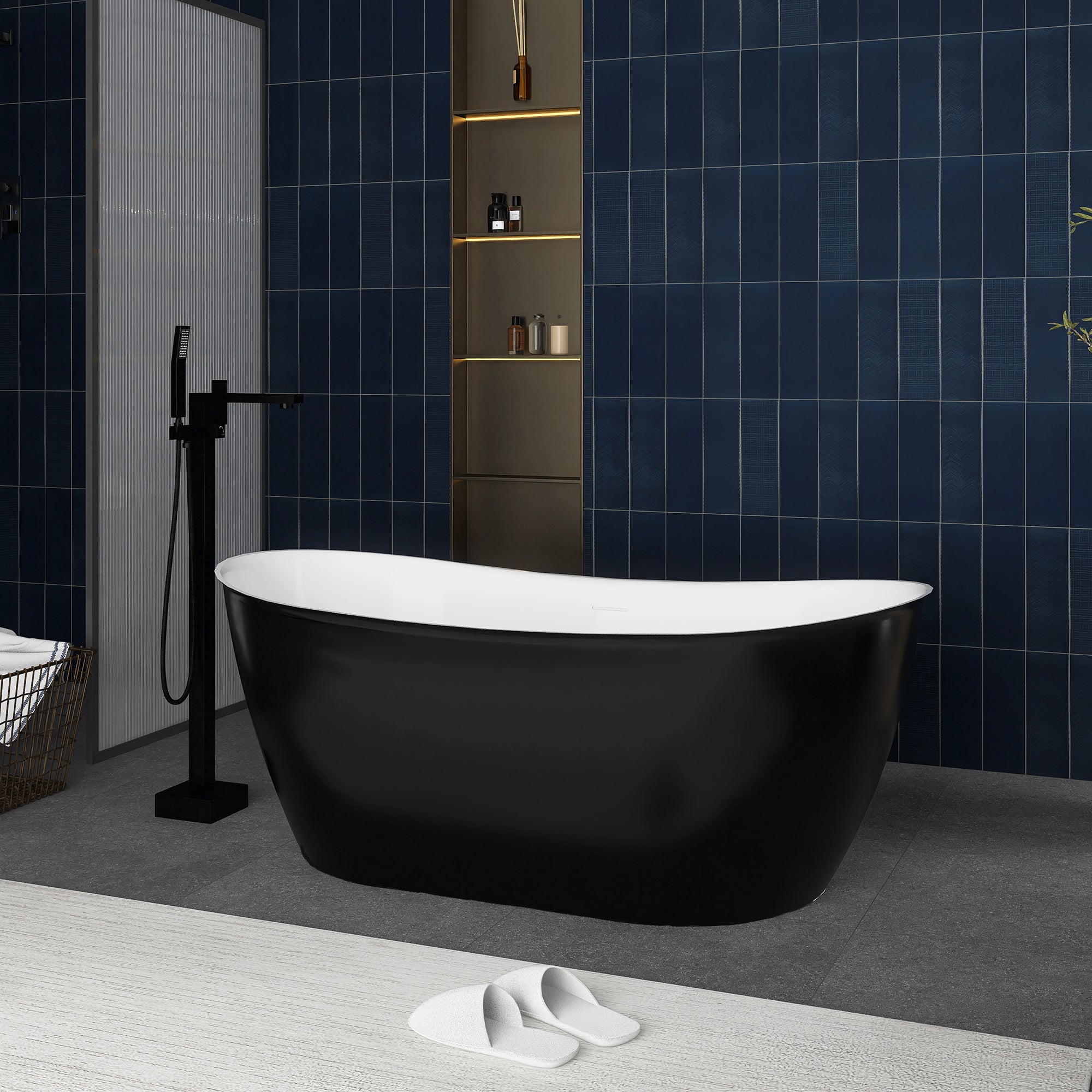 59 in. x 28 in. Soaking Bathtub with Center Drain in Matte Black and White