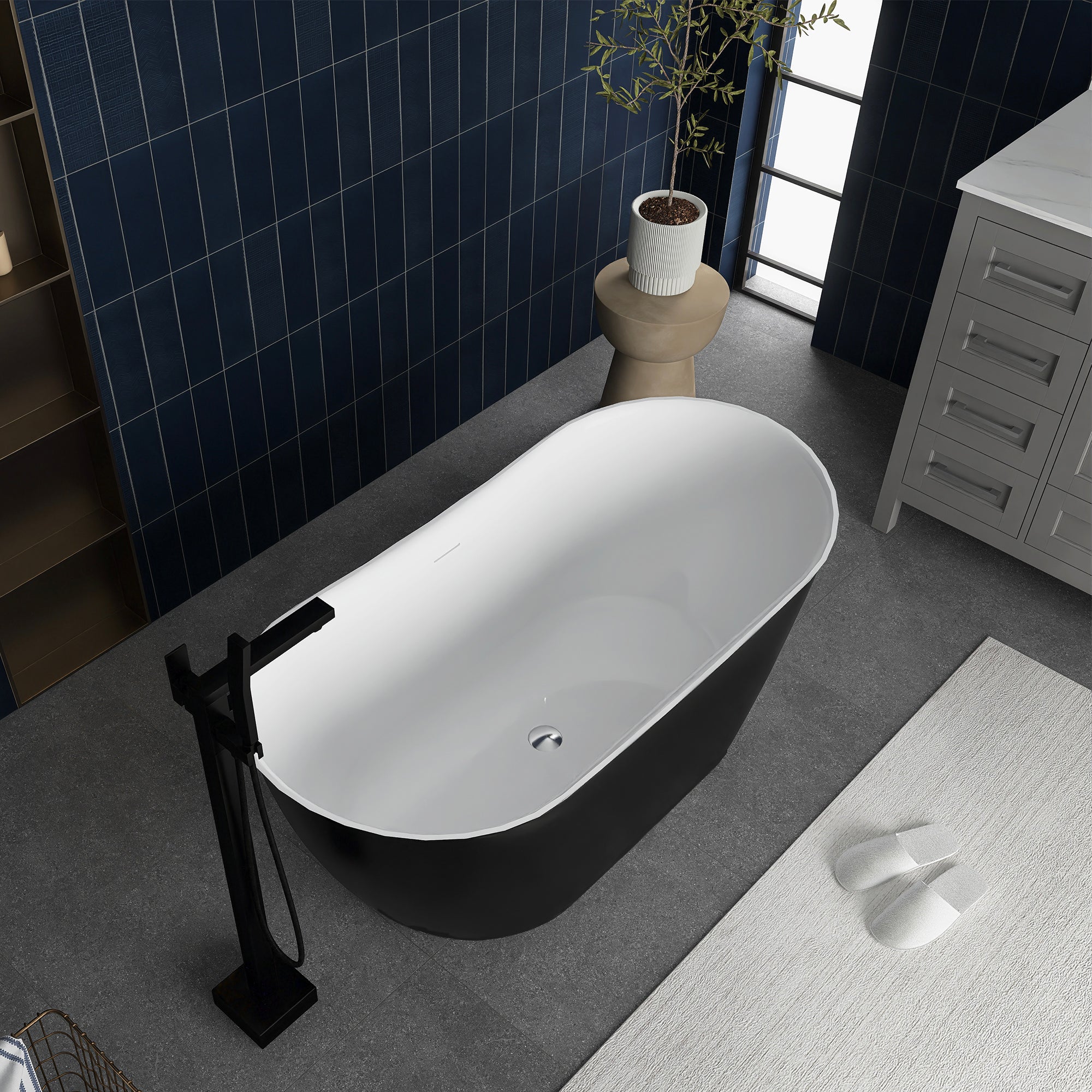 59 in. x 28 in. Soaking Bathtub with Center Drain in Matte Black and White