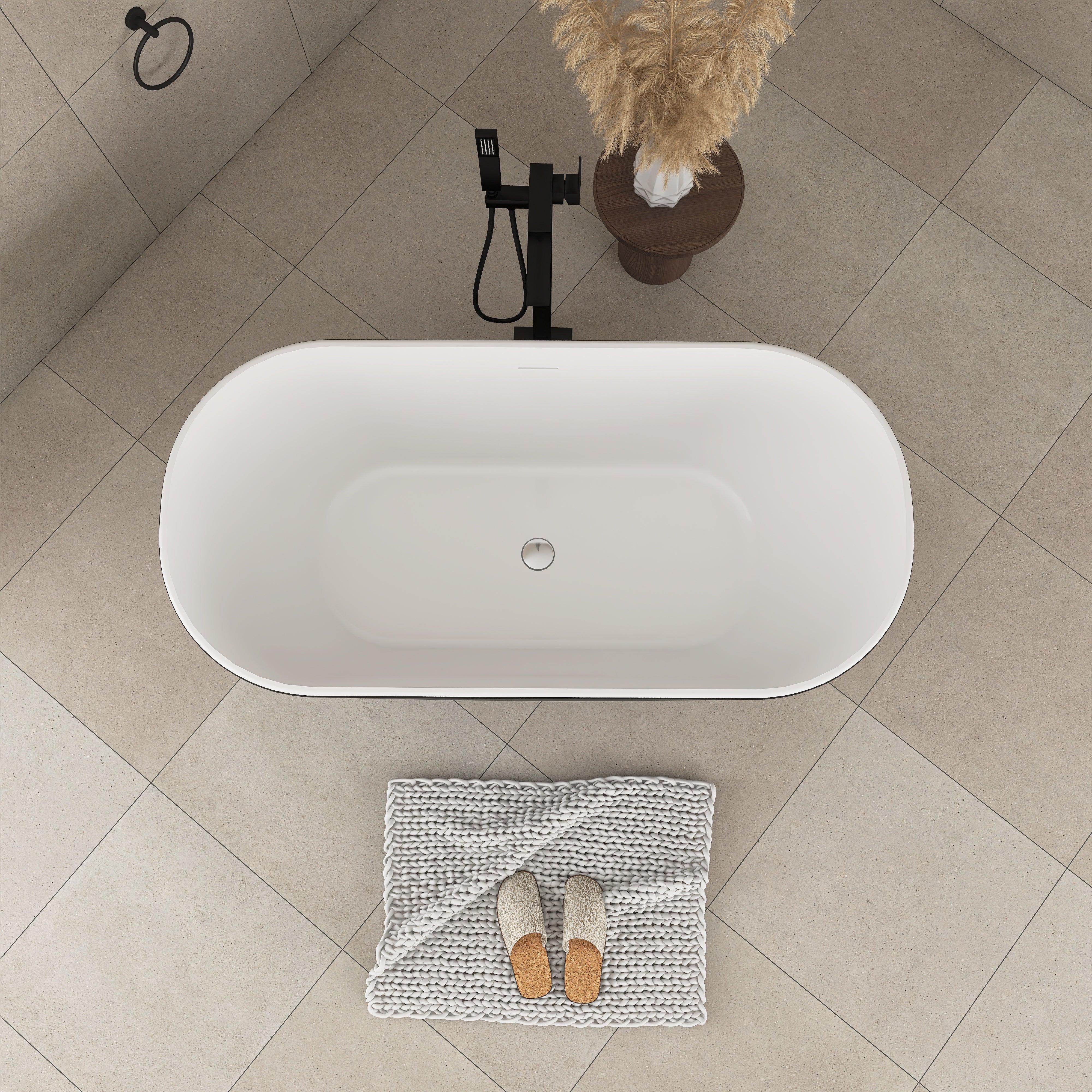 59 in. x 28 in. Soaking Bathtub with Center Drain in Matte Black and White