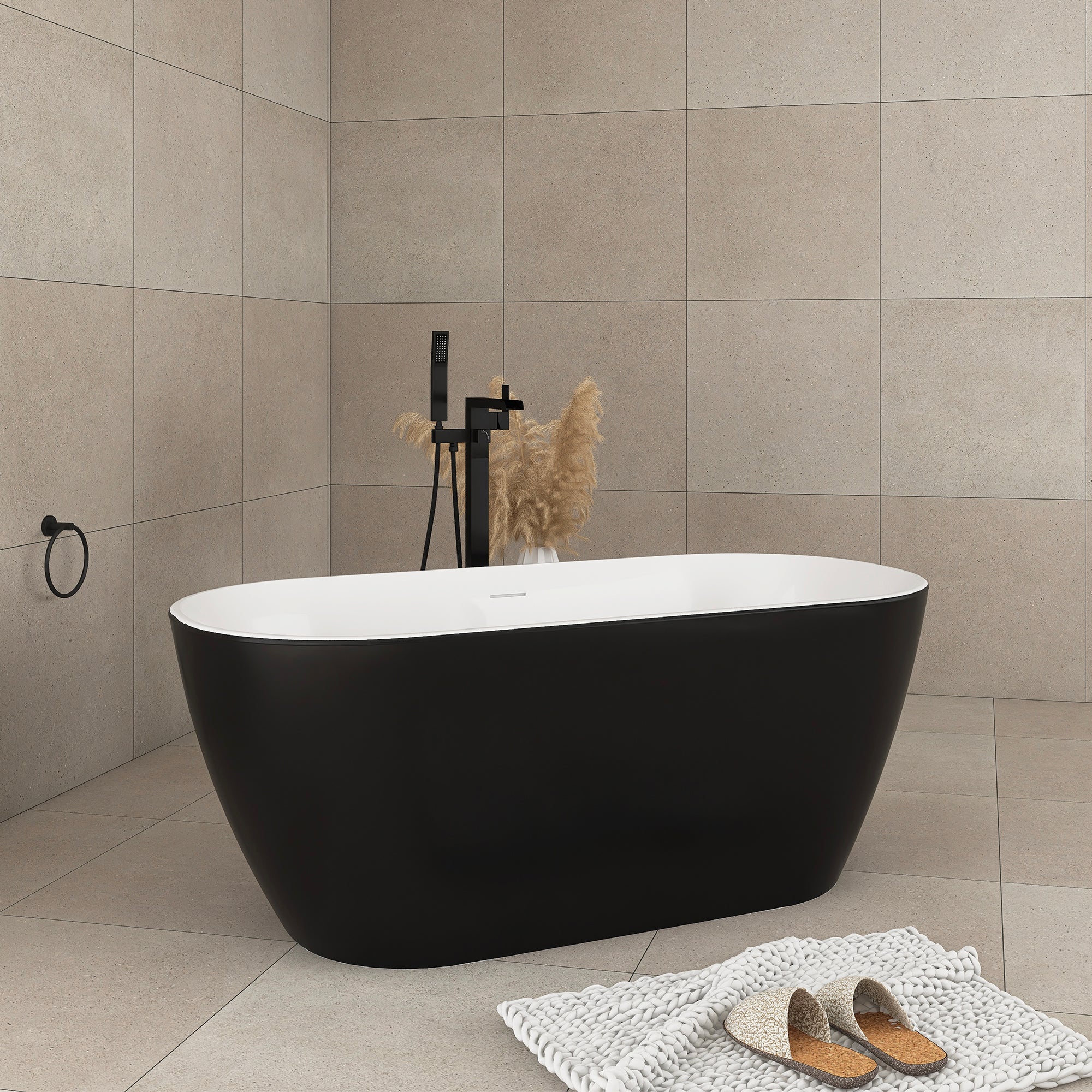 59 in. x 28 in. Soaking Bathtub with Center Drain in Matte Black and White