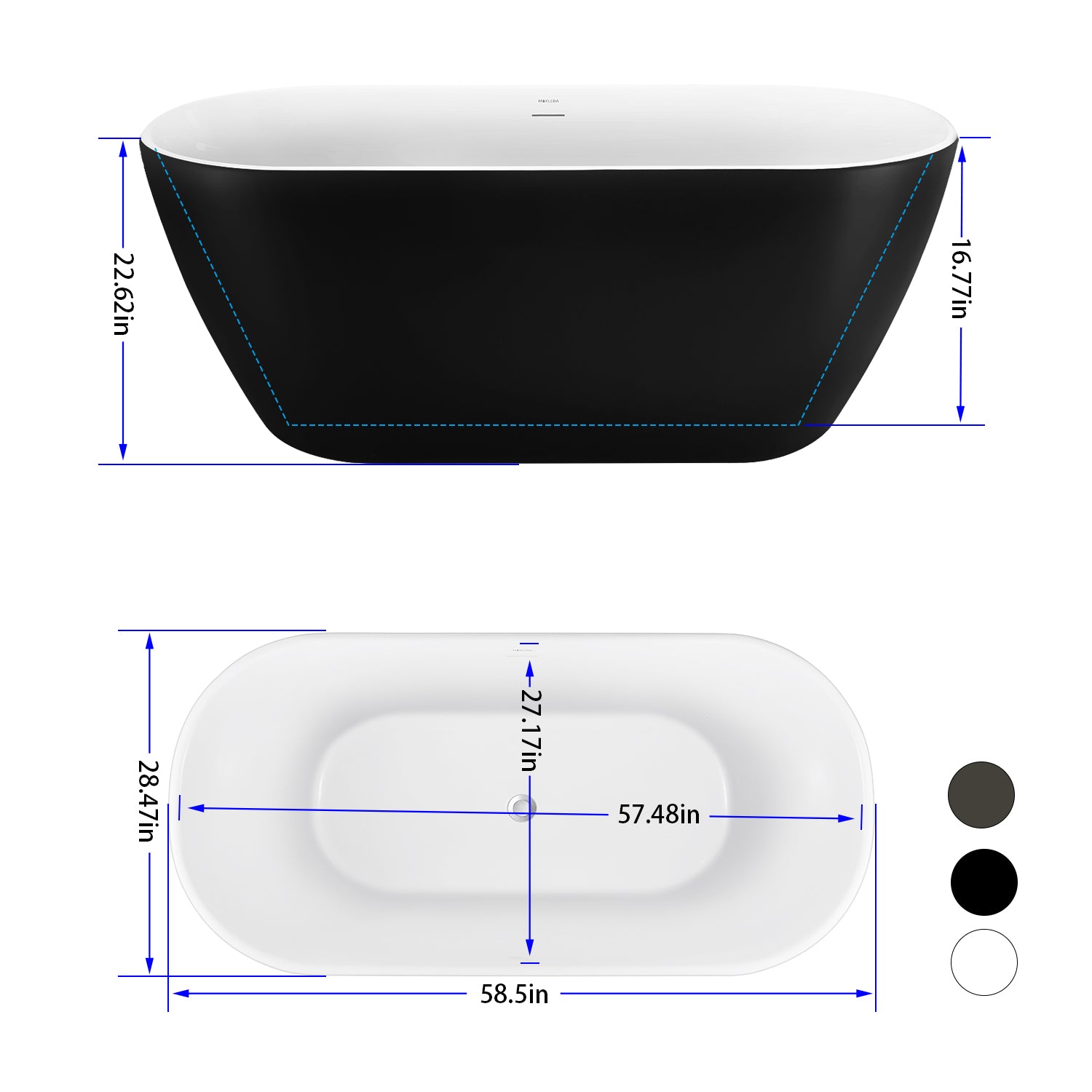 59 in. x 28 in. Soaking Bathtub with Center Drain in Matte Black and White