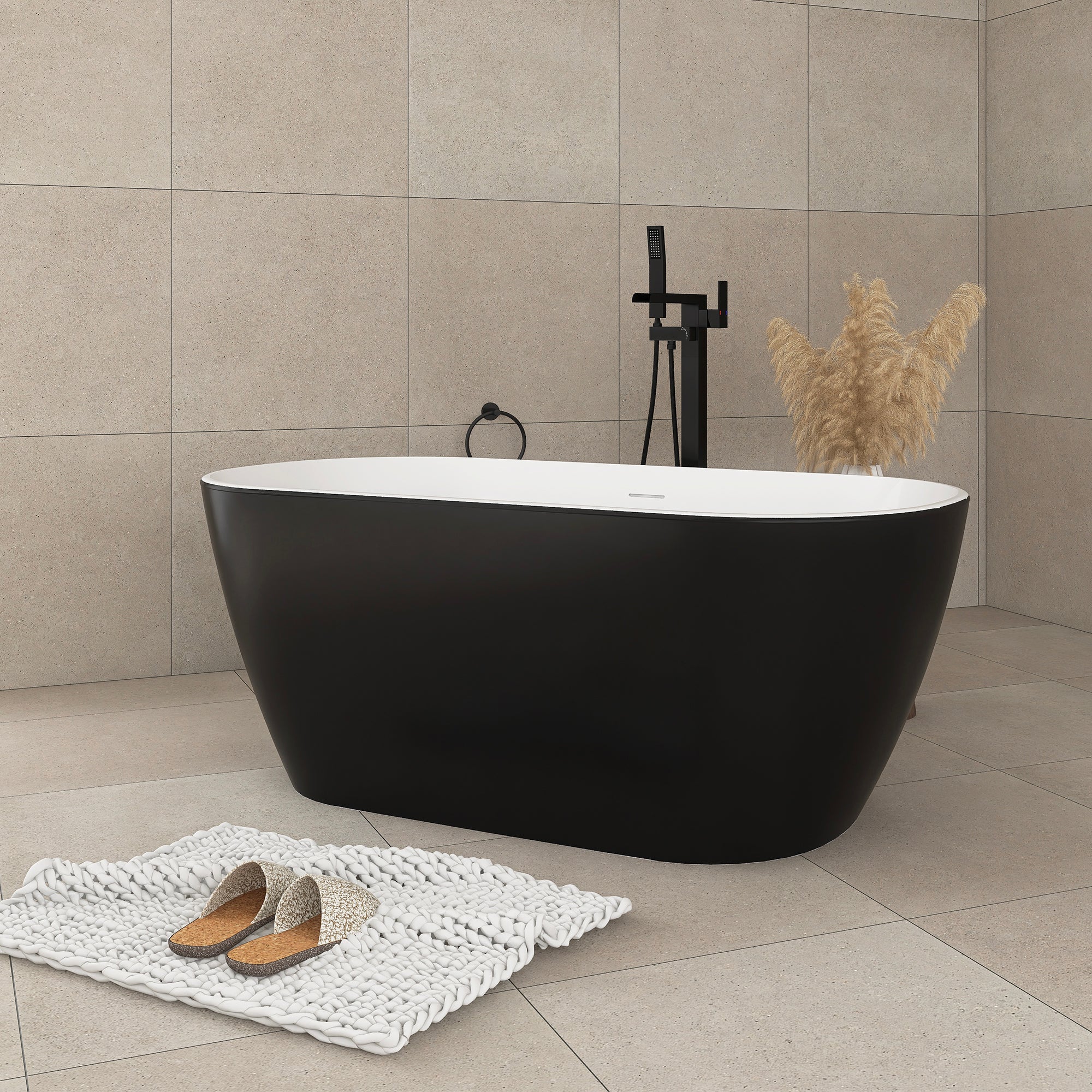 59 in. x 28 in. Soaking Bathtub with Center Drain in Matte Black and White
