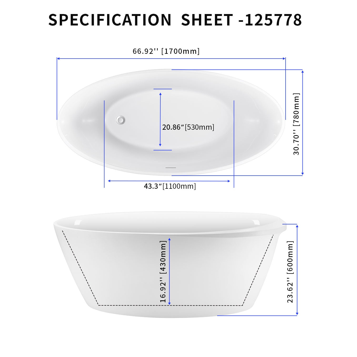 Soaking Bathtub with Reversible Drain in Glossy White