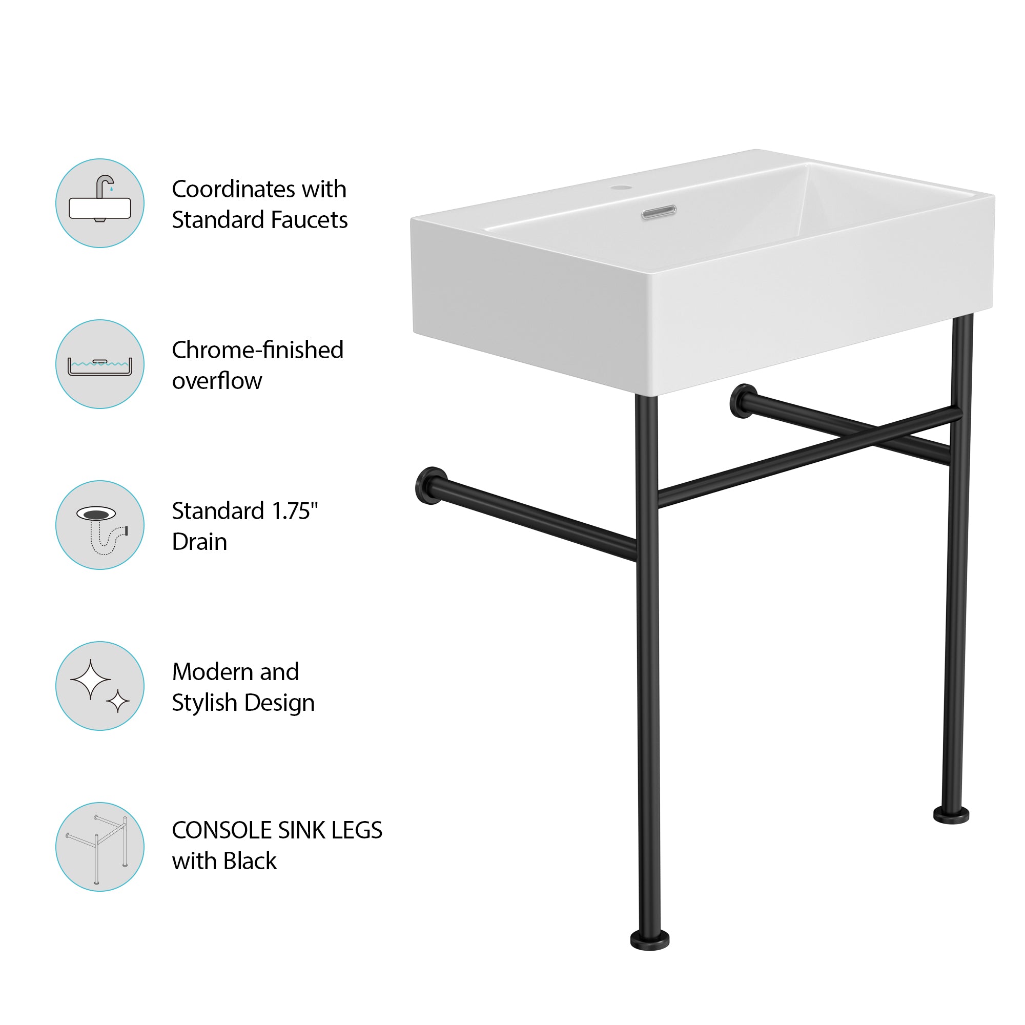 White Ceramic Console Bathroom sink  with Overflow and Legs