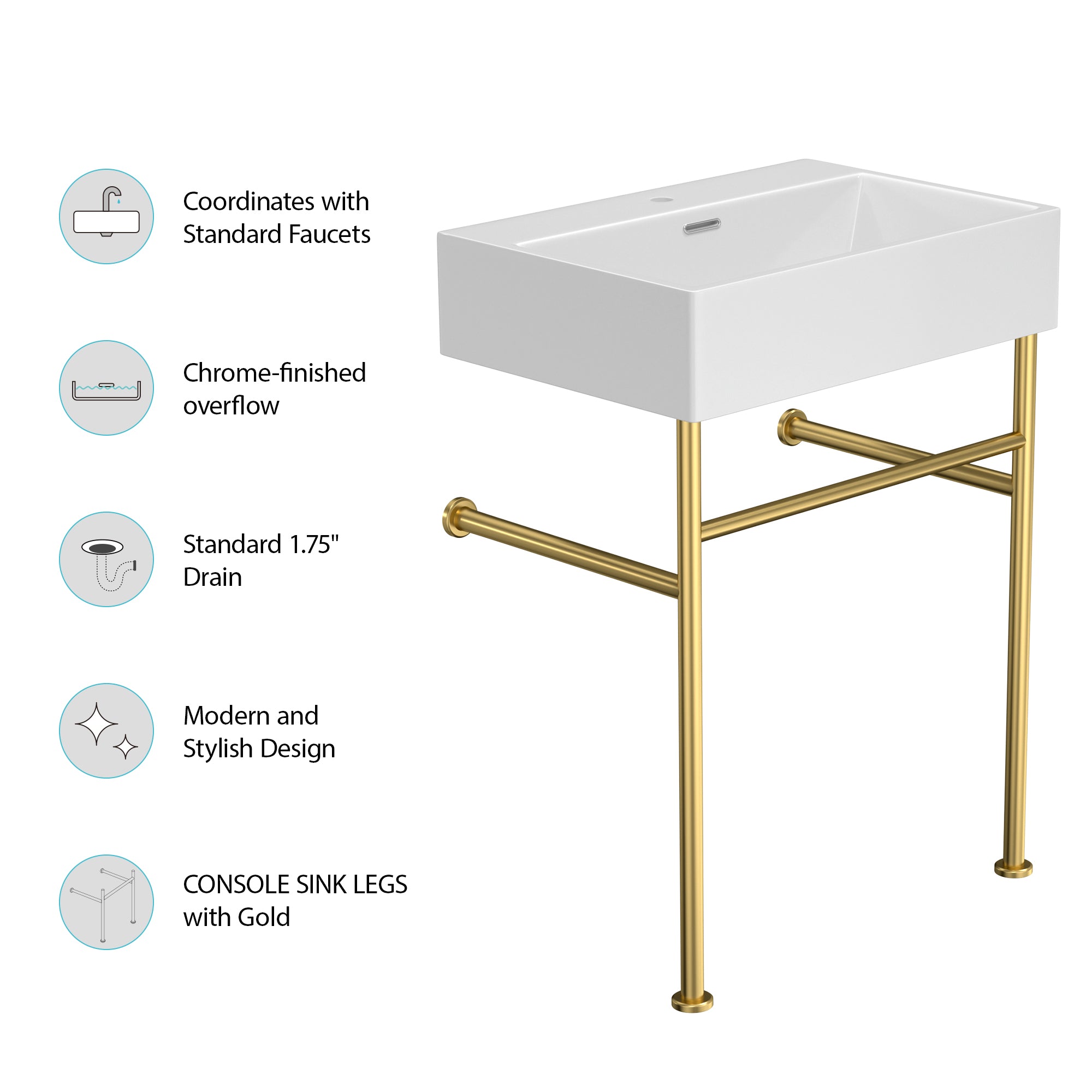 White Ceramic  Console Bathroom sink  with Overflow and Legs