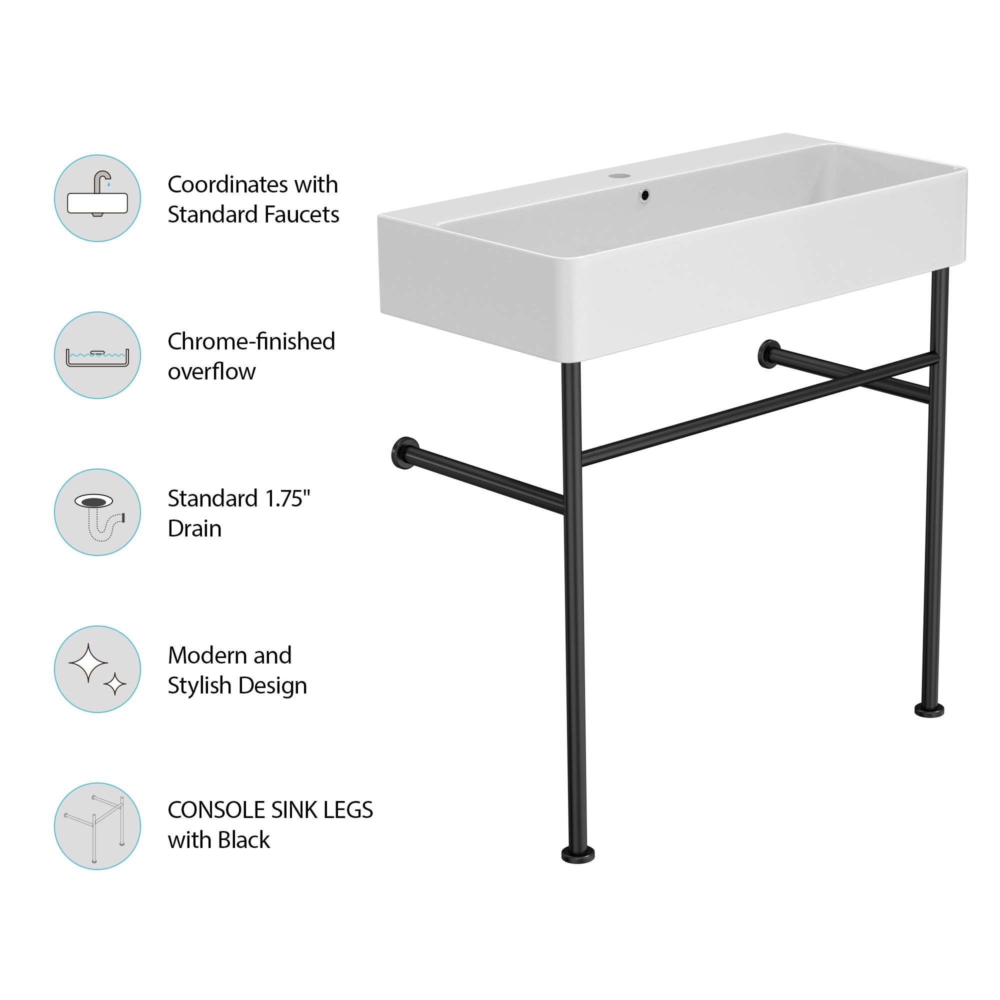 White Ceramic  Console Bathroom sink  with Overflow and Legs