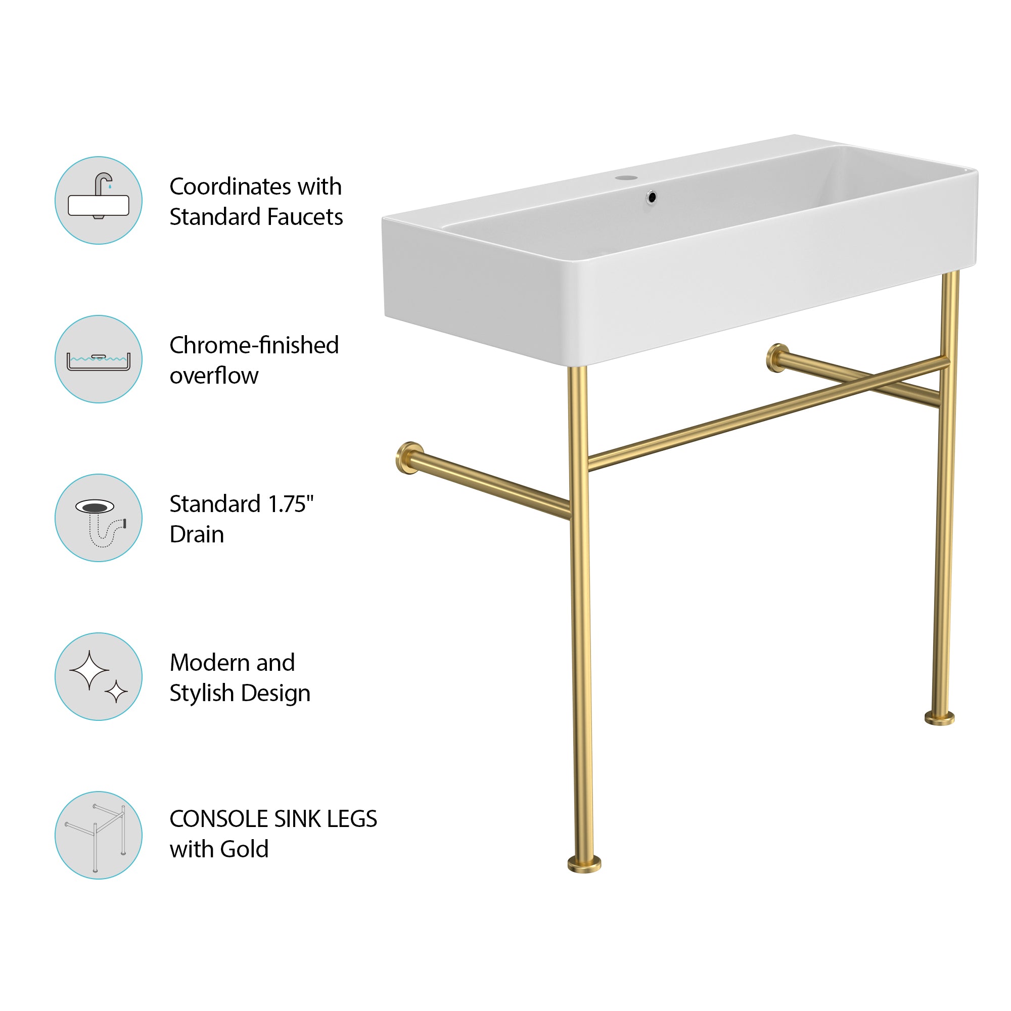 White Ceramic  Console Bathroom sink  with Overflow and Legs