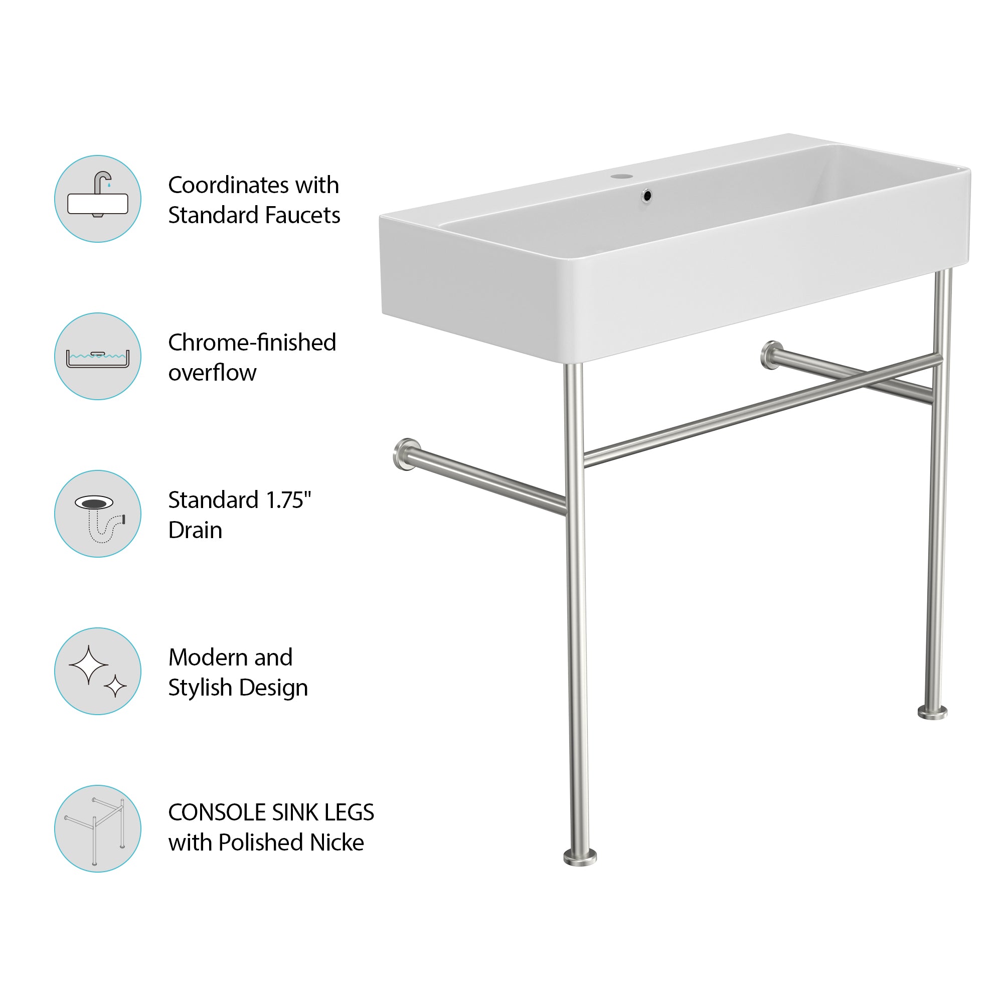 White Ceramic  Console Bathroom sink  with Overflow and Legs