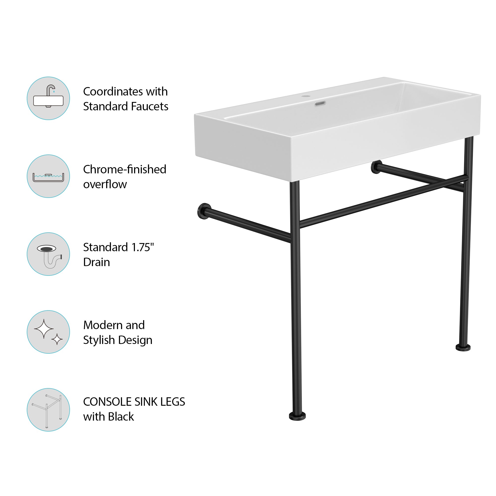 35" White Ceramic Console Bathroom sink with Overflow and Legs