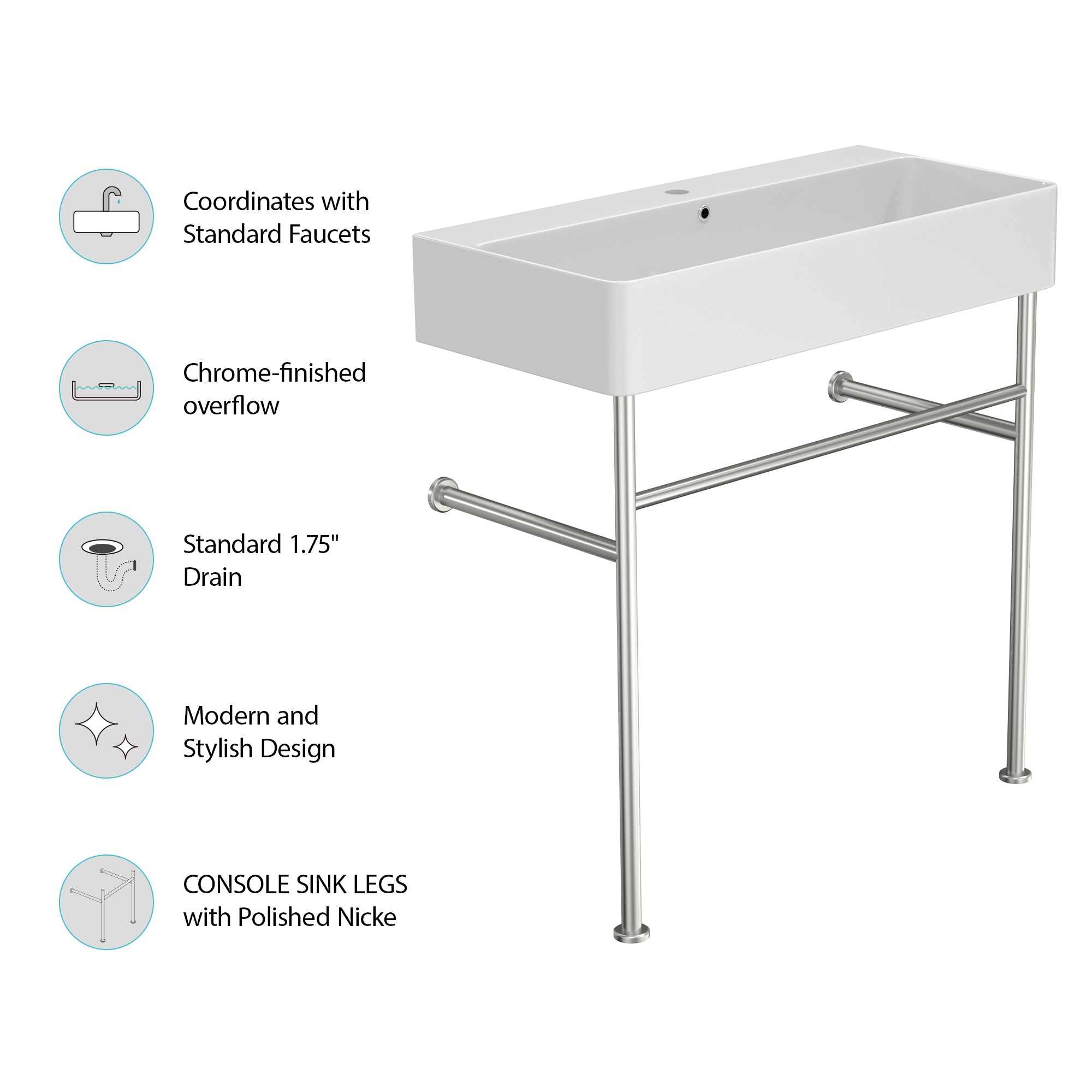 35" White Ceramic Console Bathroom sink with Overflow and Legs