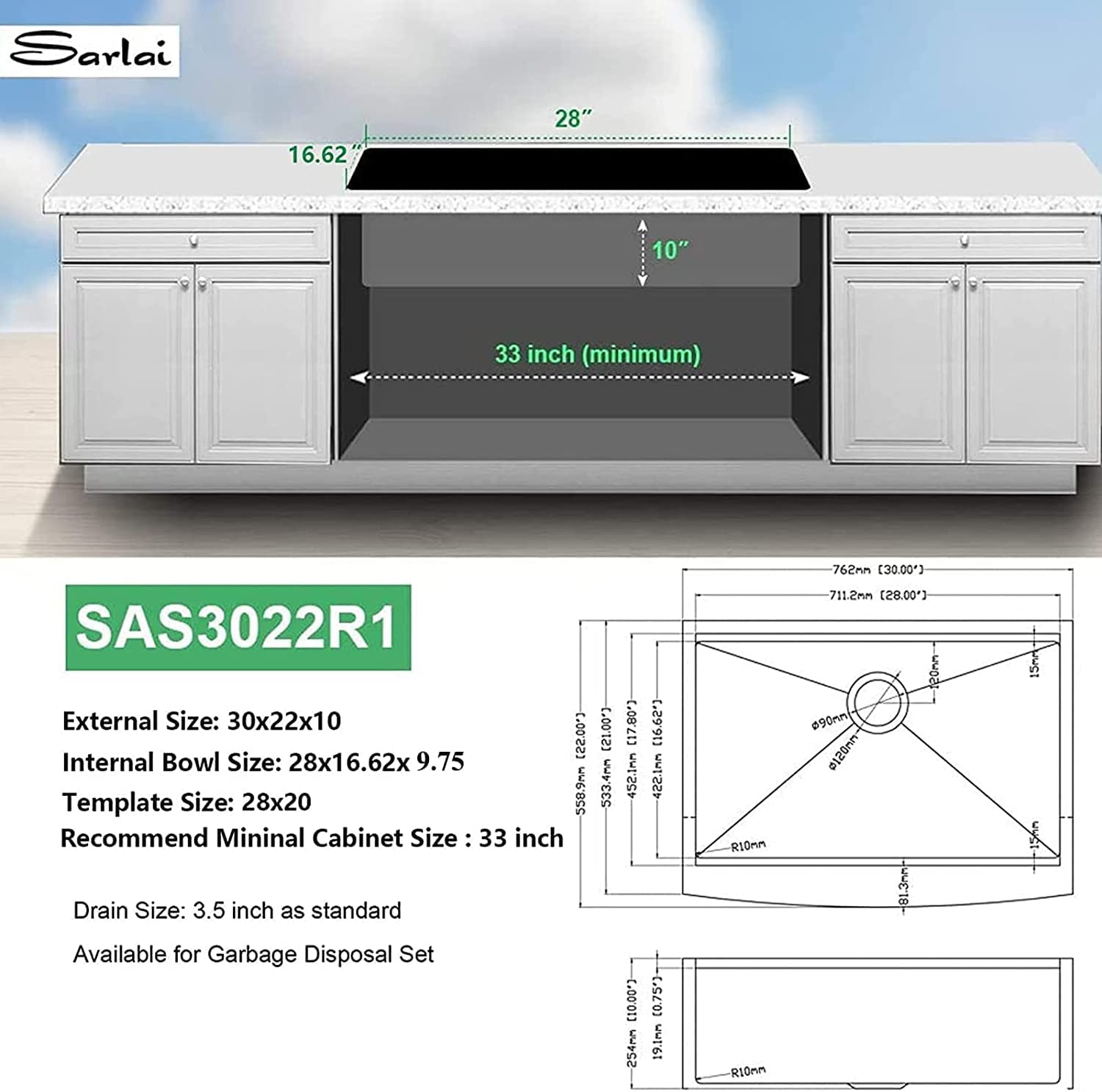 30"/33"/36" Stainless Steel Farmhouse Apron Kitchen Sink with Accessories