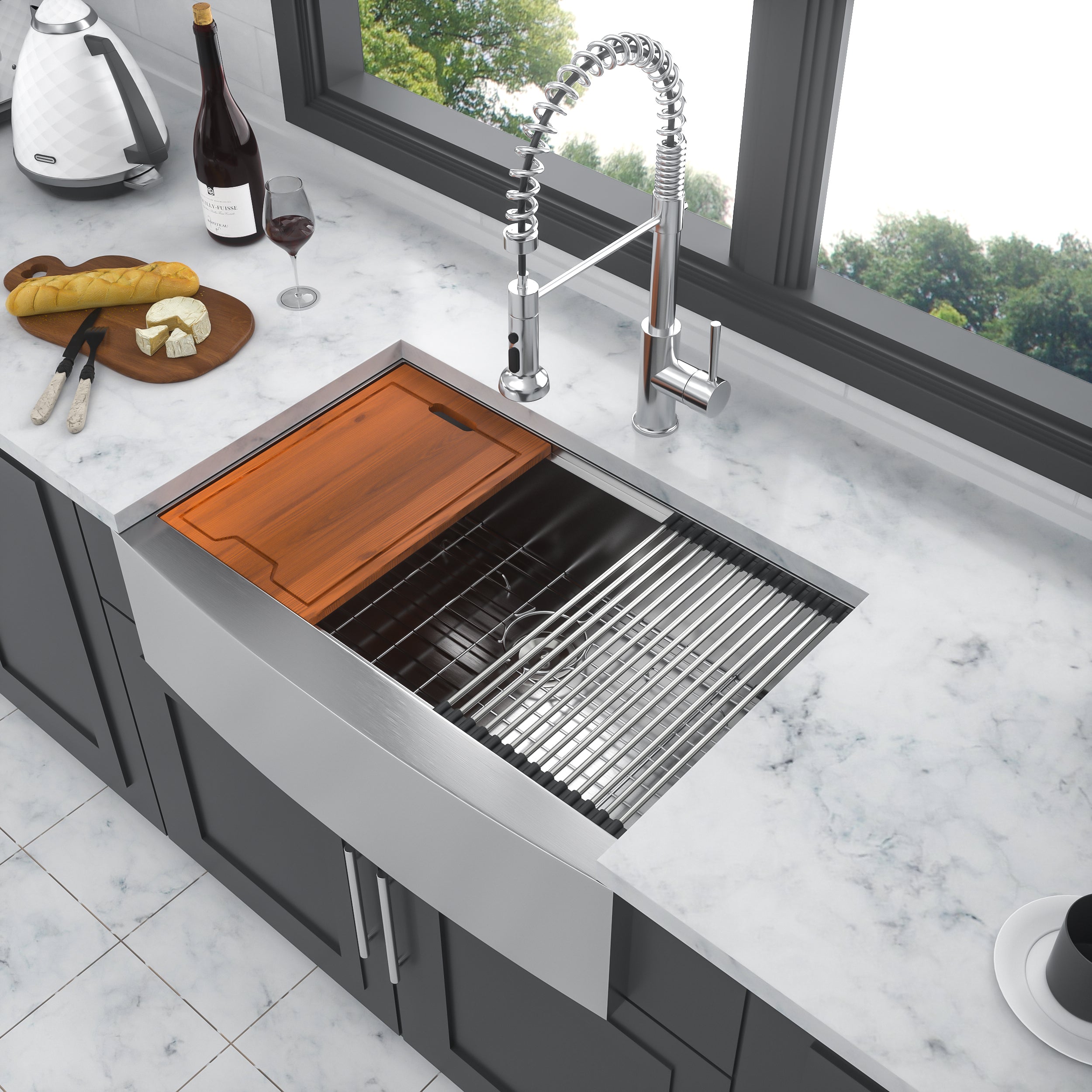 30"/33"/36" Stainless Steel Farmhouse Apron Kitchen Sink with Accessories