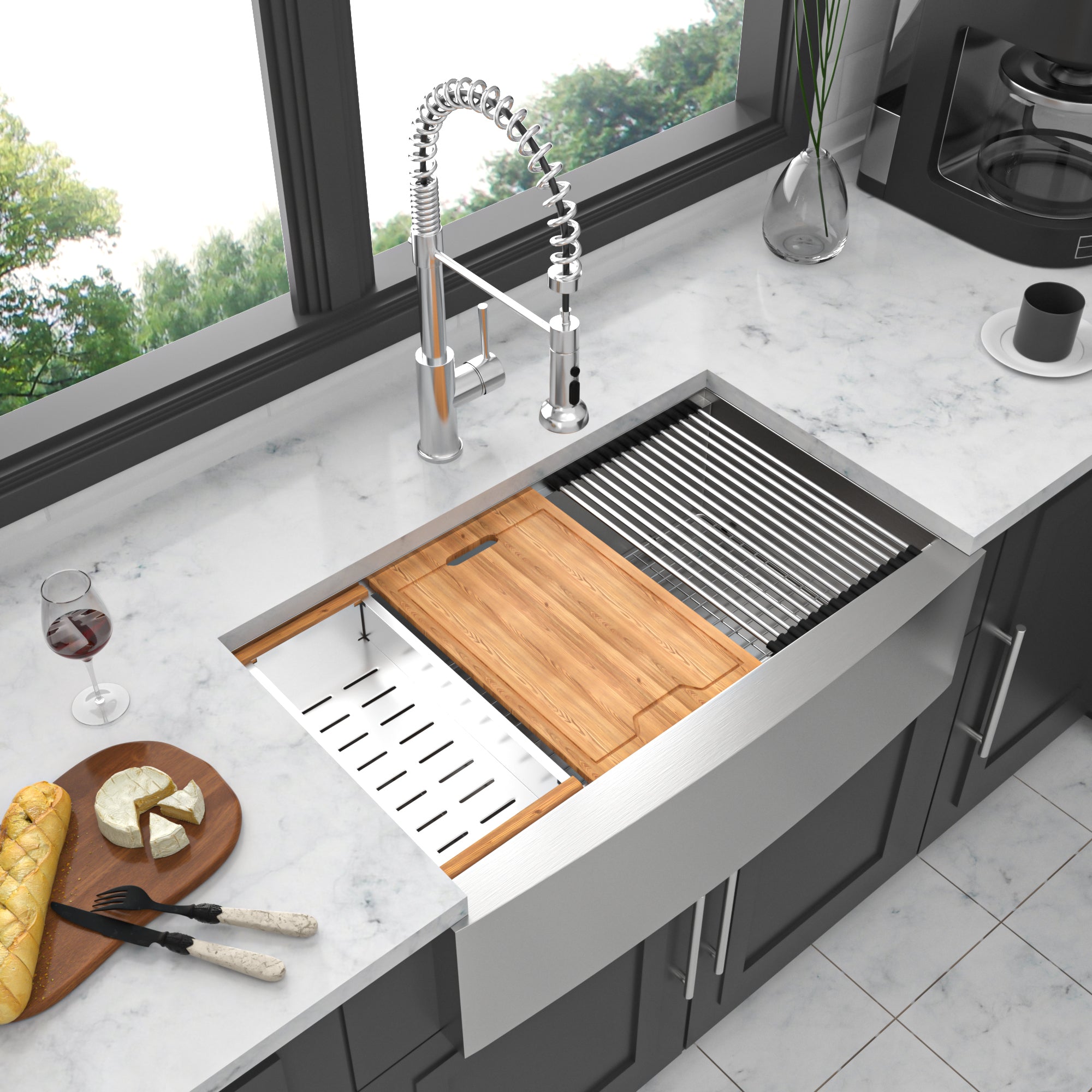 30"/33"/36" Stainless Steel Farmhouse Apron Kitchen Sink with Accessories