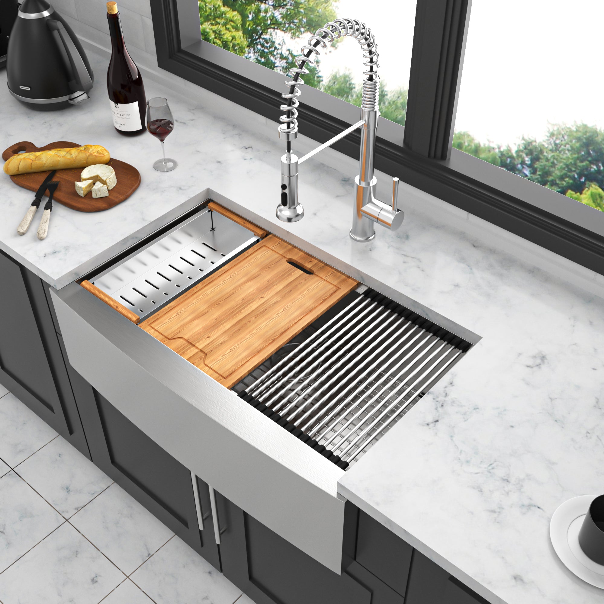 30"/33"/36" Stainless Steel Farmhouse Apron Kitchen Sink with Accessories