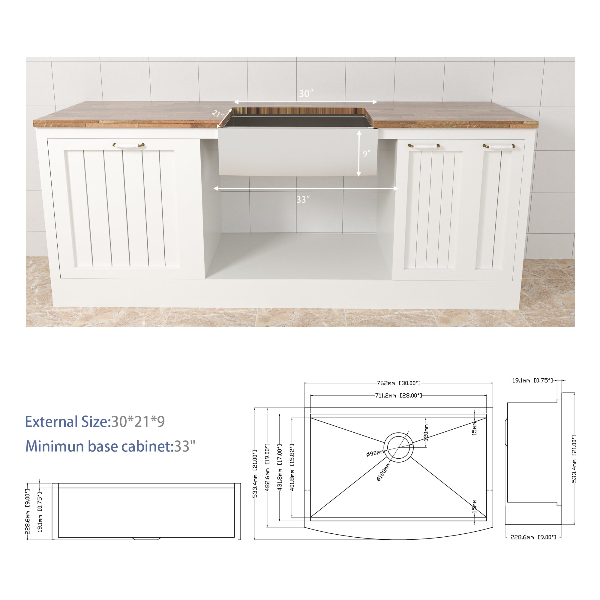 30"/33"/36" Brushed Nickel Stainless Steel  Single Bowl  Farmhouse Apron Kitchen Sink  with Accessories