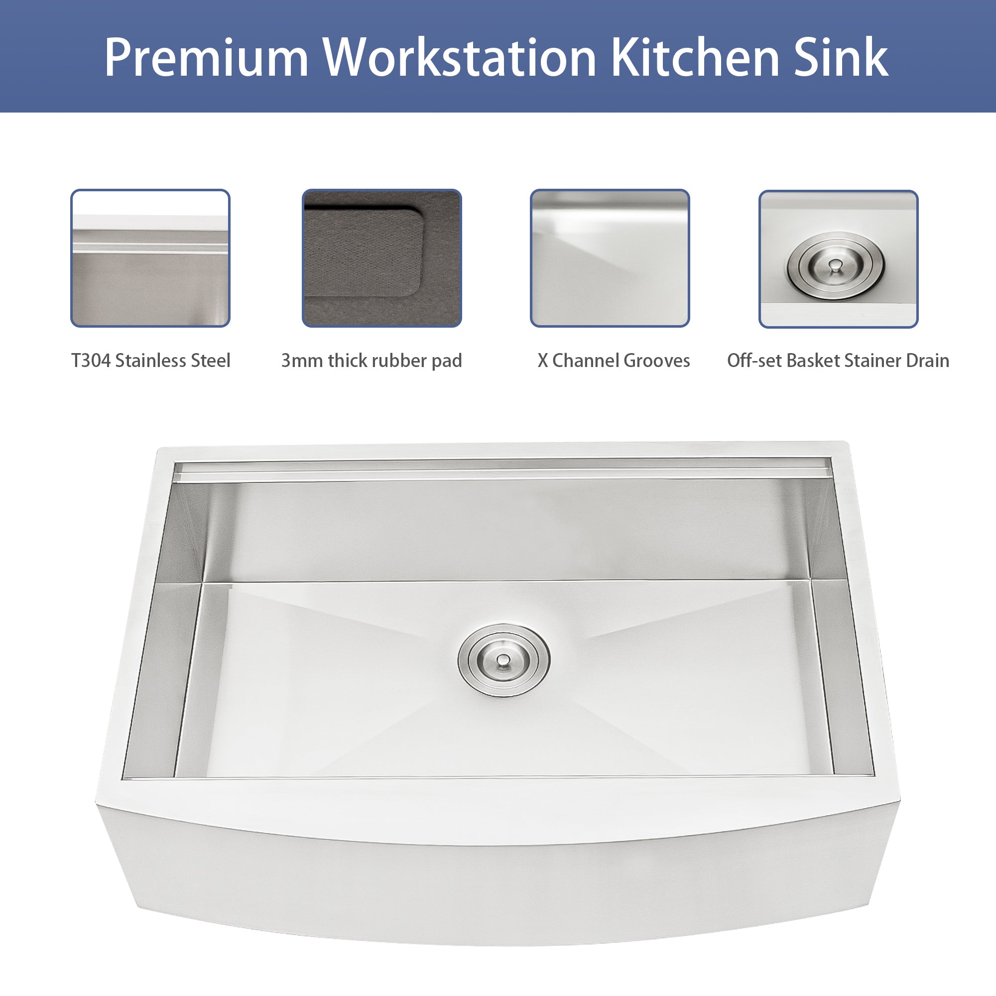 30"/33"/36" Brushed Nickel Stainless Steel  Single Bowl  Farmhouse Apron Kitchen Sink  with Accessories