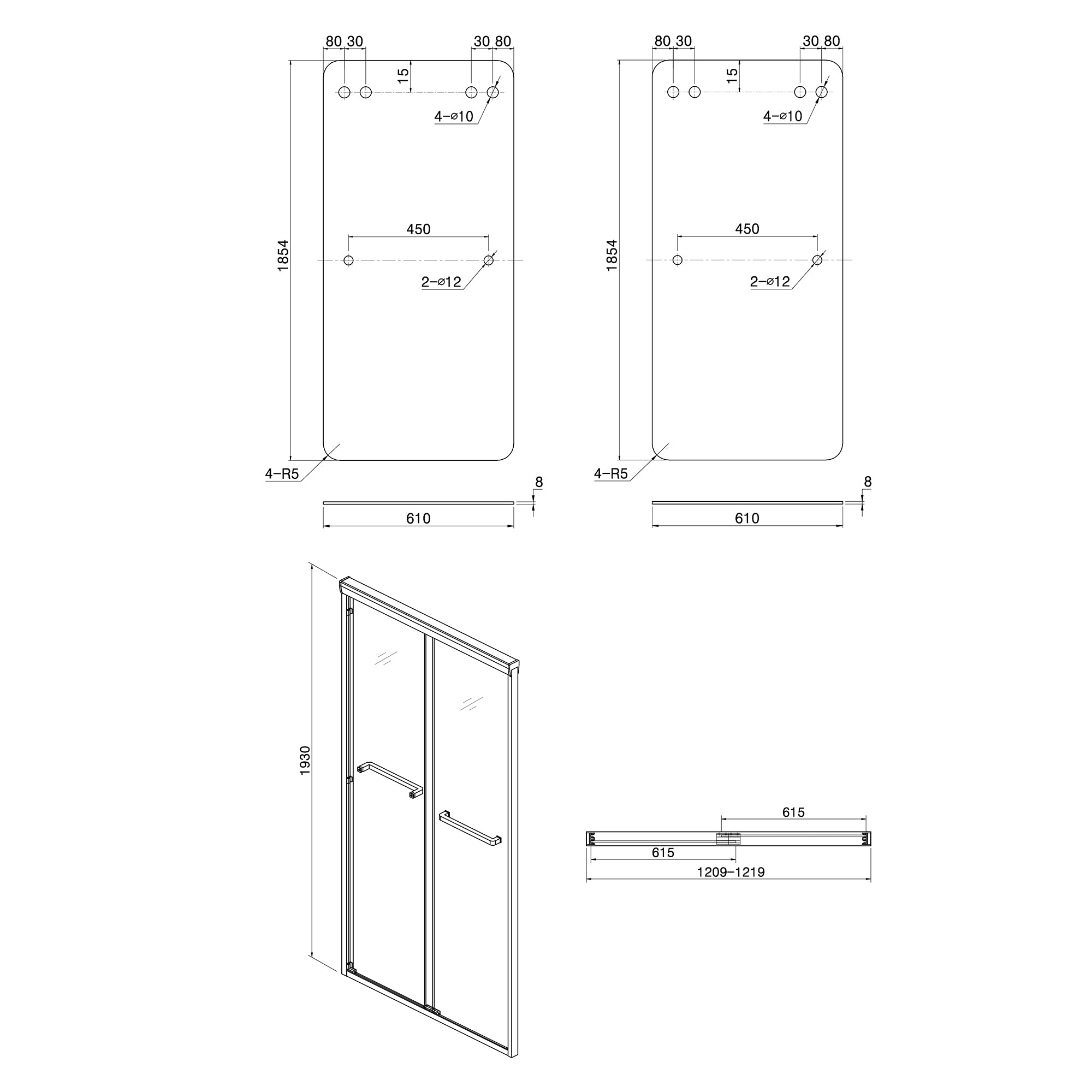 48"  x 76" Semi-Frameless Double Sliding Shower Door in Chrome