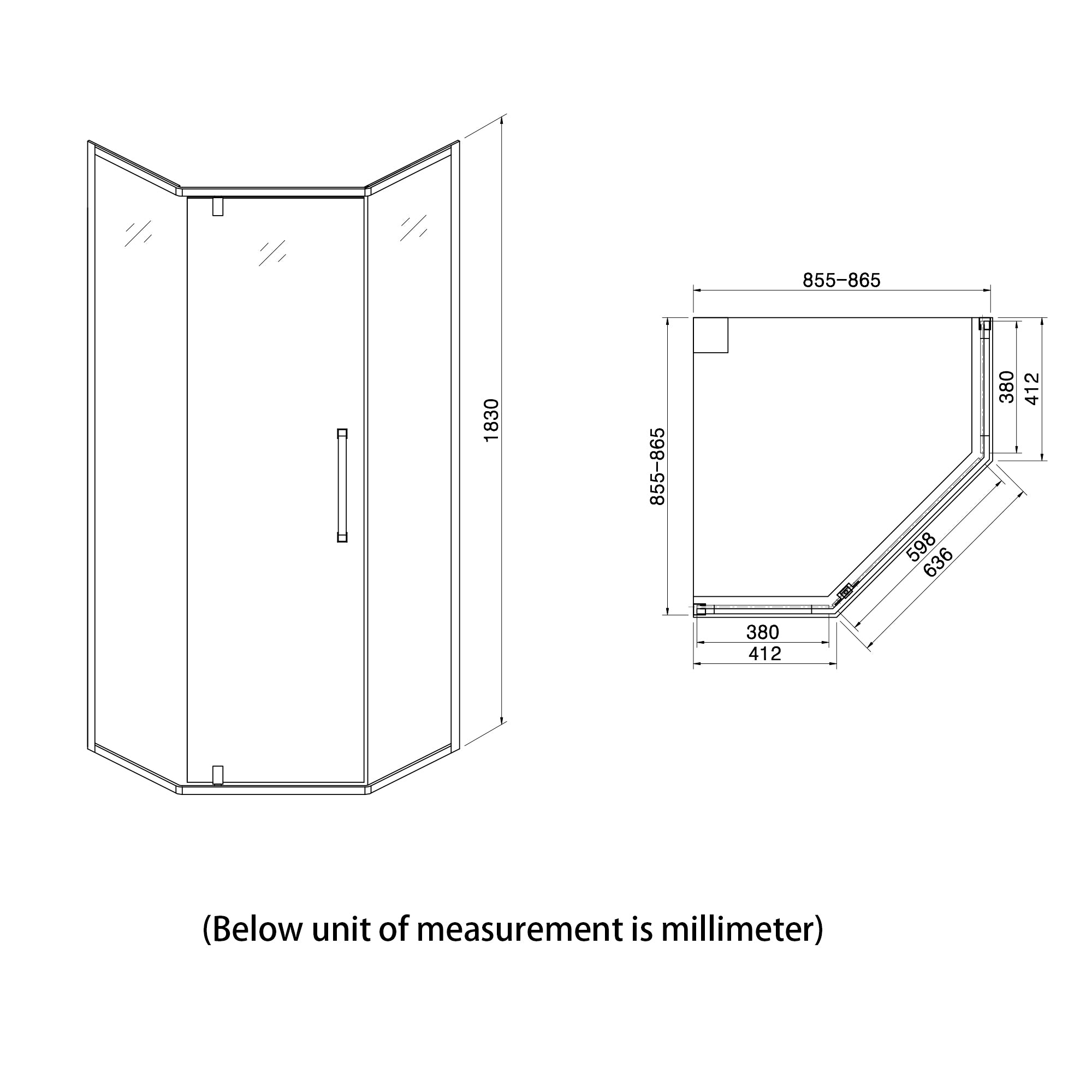 34" x 72" Semi-Frameless Sliding  Neo-Angle Shower Door