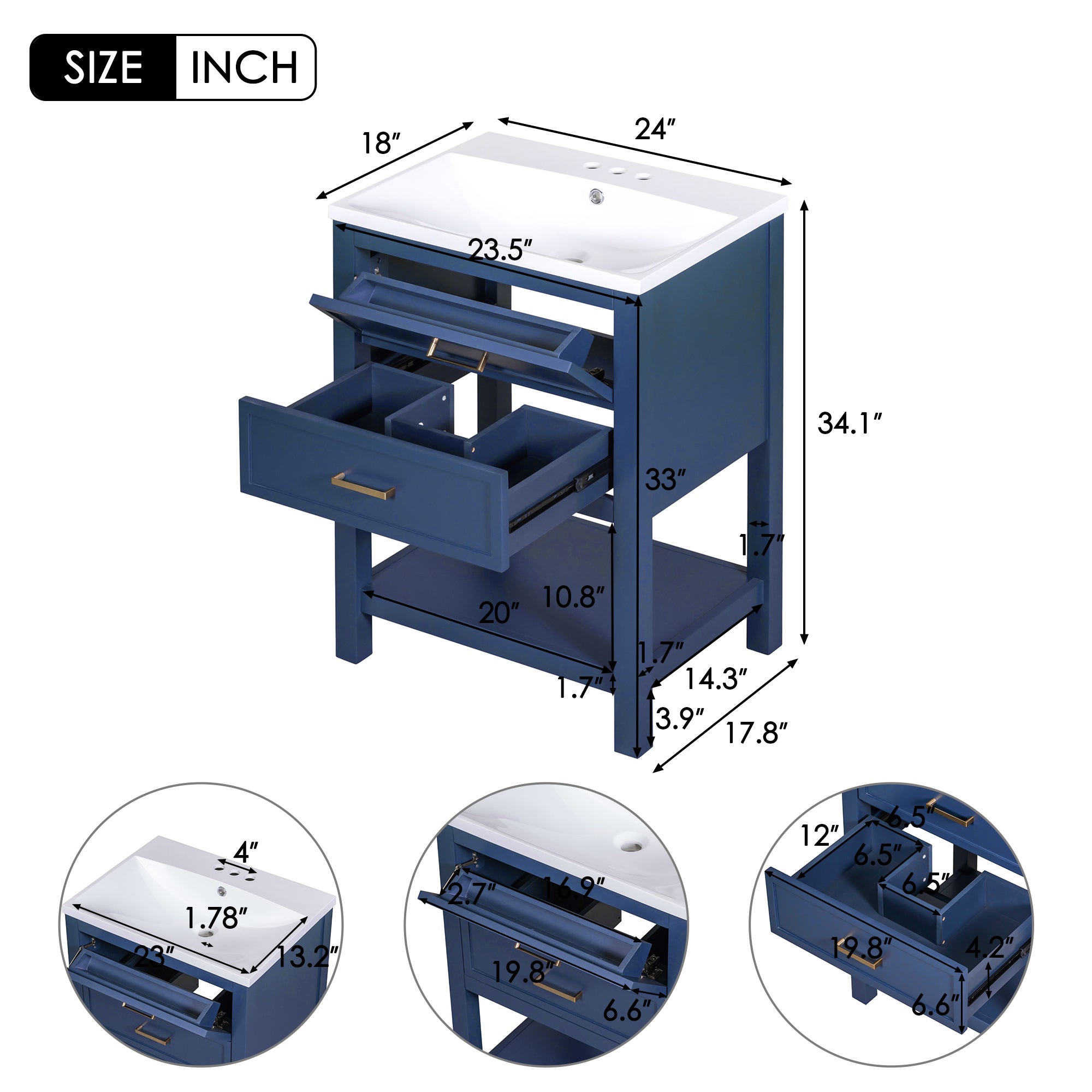 24'' Freestanding Bathroom Vanity Set in Blue with Integrated Resin Sink and Open Shelf