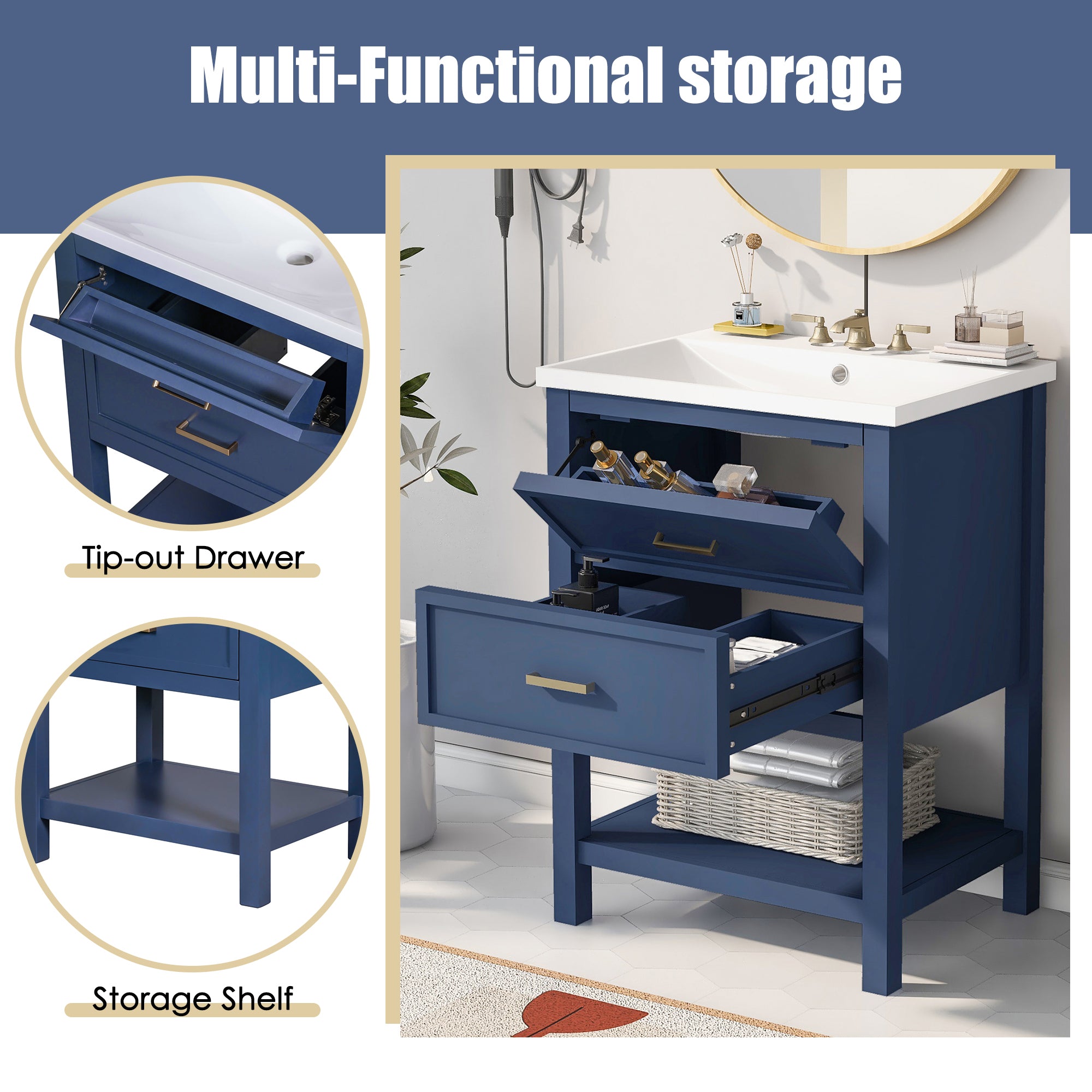 24'' Freestanding Bathroom Vanity Set in Blue with Integrated Resin Sink and Open Shelf