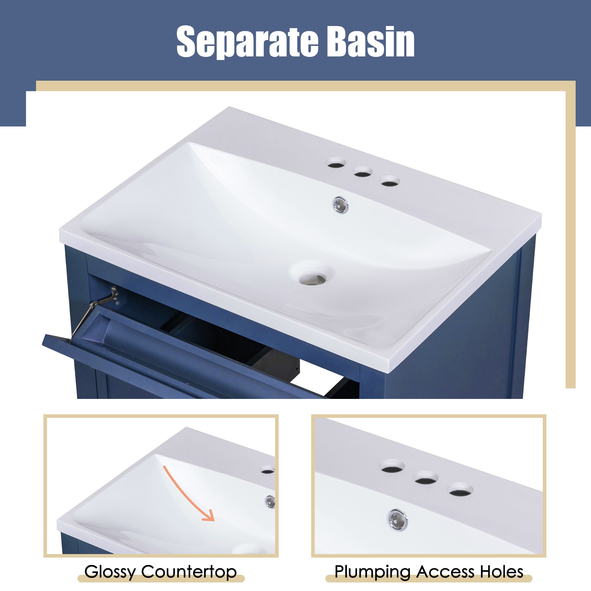 24'' Freestanding Bathroom Vanity Set in Blue with Integrated Resin Sink and Open Shelf