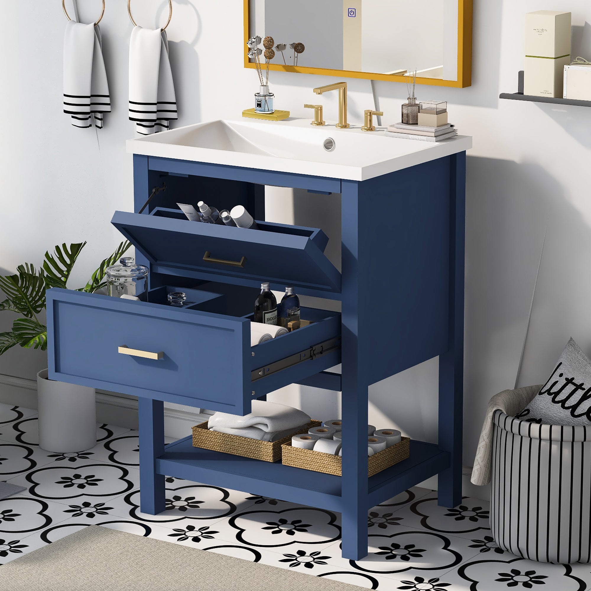 24'' Freestanding Bathroom Vanity Set in Blue with Integrated Resin Sink and Open Shelf