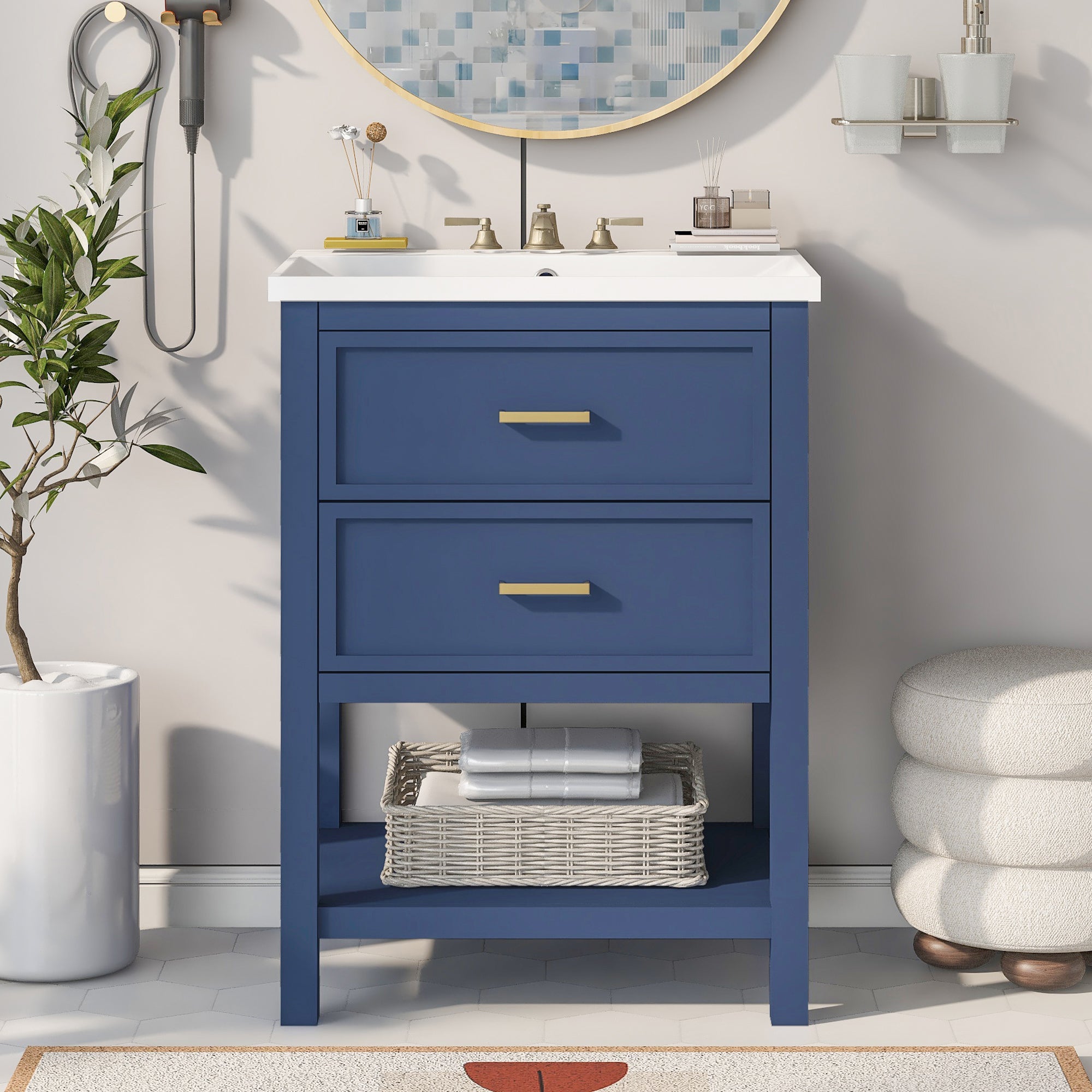 24'' Freestanding Bathroom Vanity Set in Blue with Integrated Resin Sink and Open Shelf