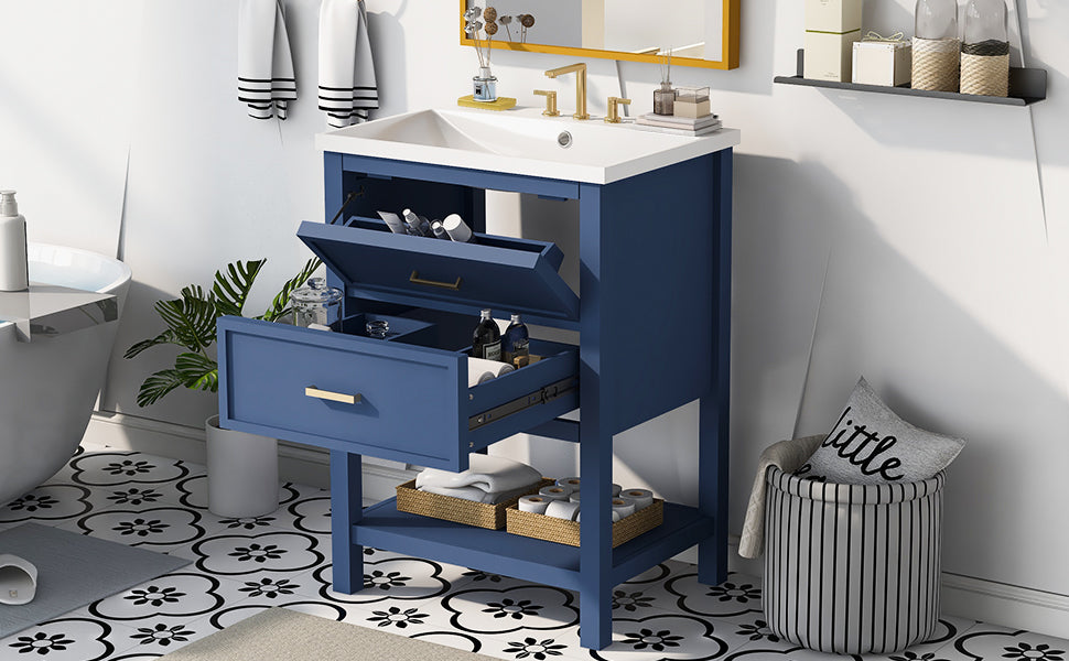 24'' Freestanding Bathroom Vanity Set in Blue with Integrated Resin Sink and Open Shelf