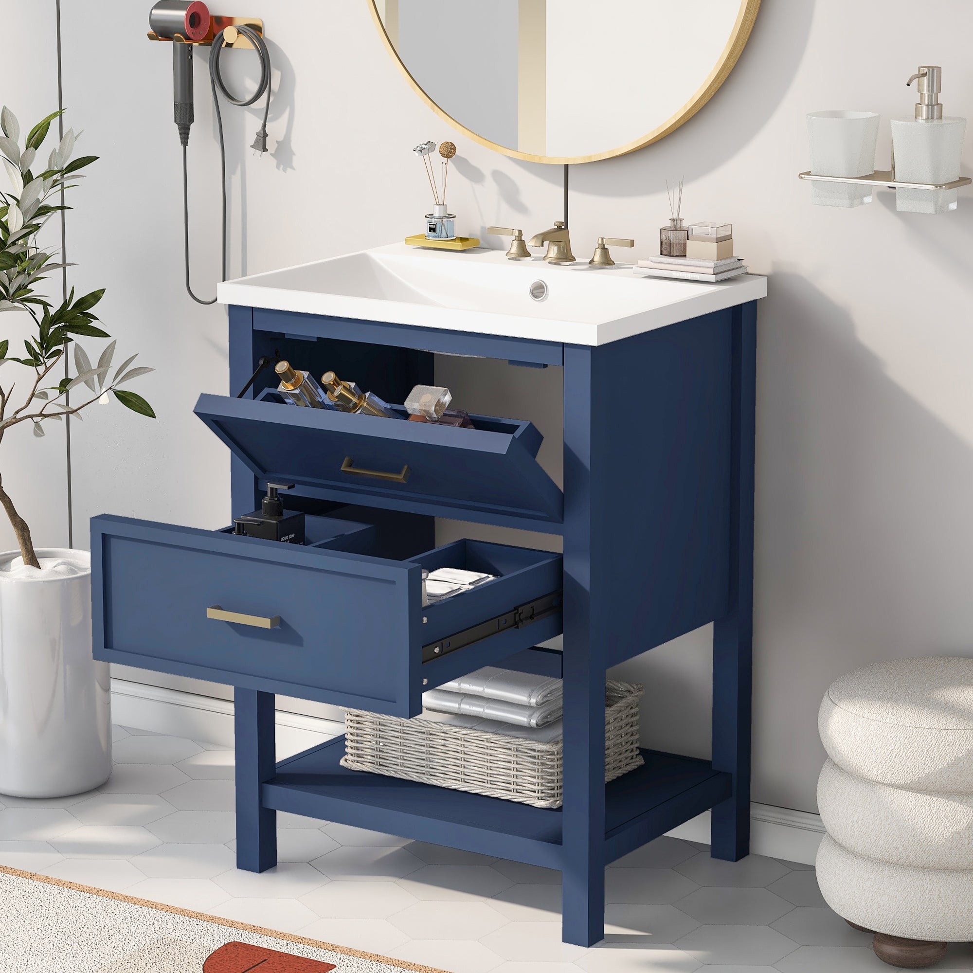 24'' Freestanding Bathroom Vanity Set in Blue with Integrated Resin Sink and Open Shelf