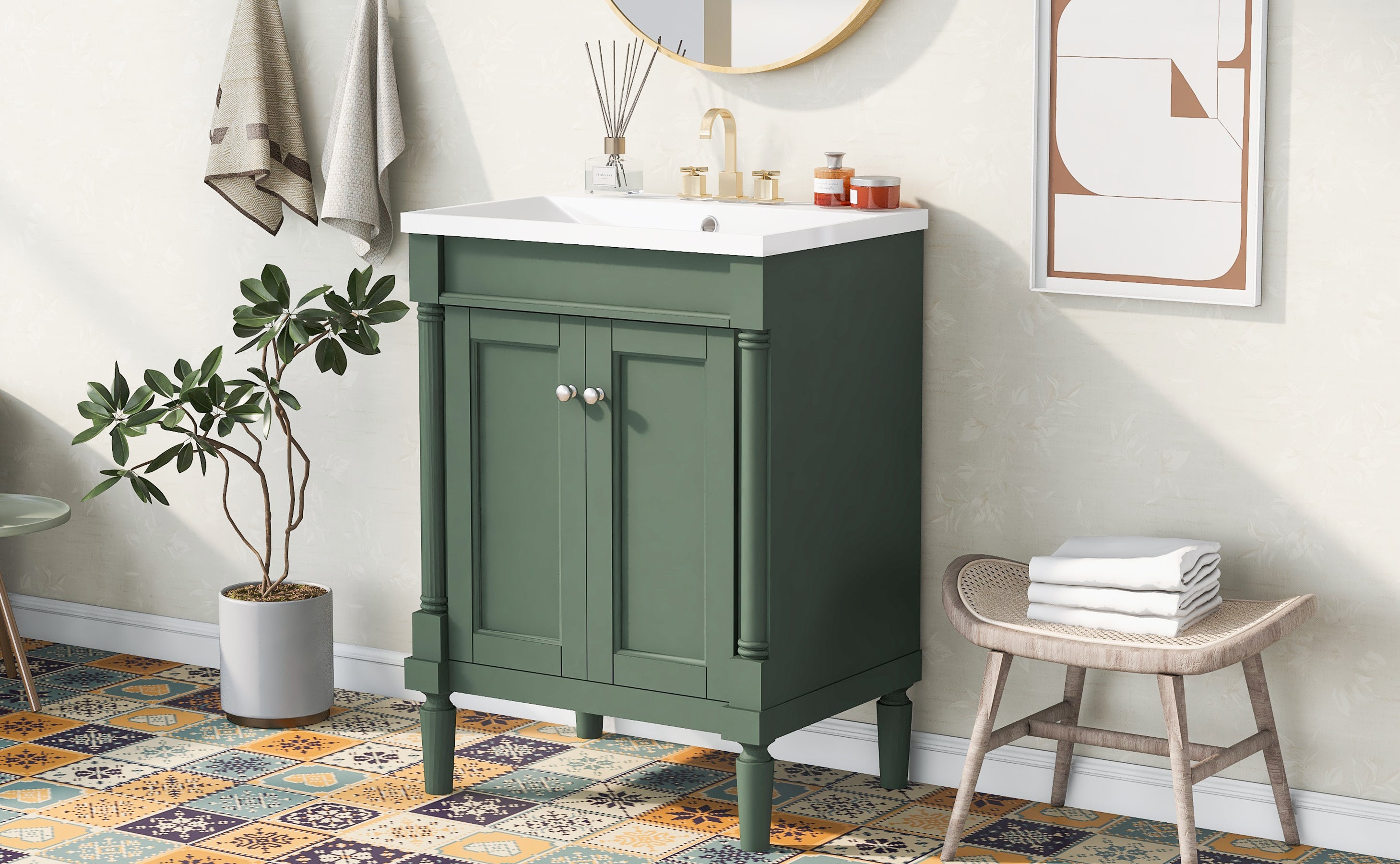 24'' Freestanding Bathroom Vanity Set with Integrated Resin Sink and Shelf