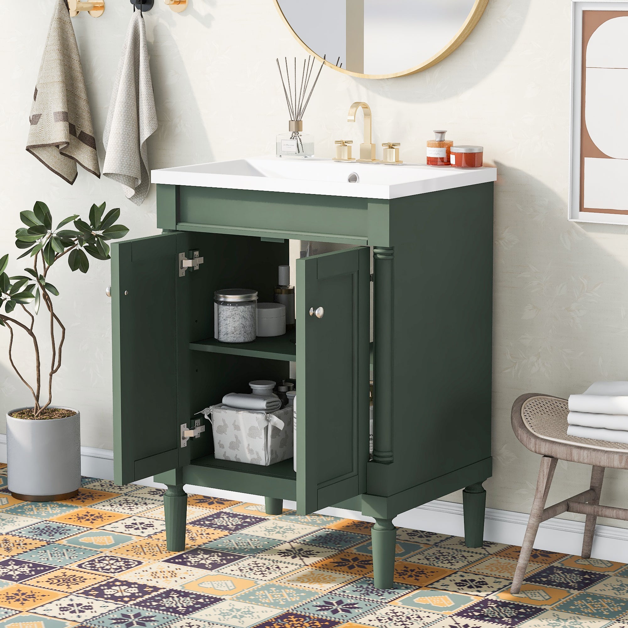 24'' Freestanding Bathroom Vanity Set with Integrated Resin Sink and Shelf