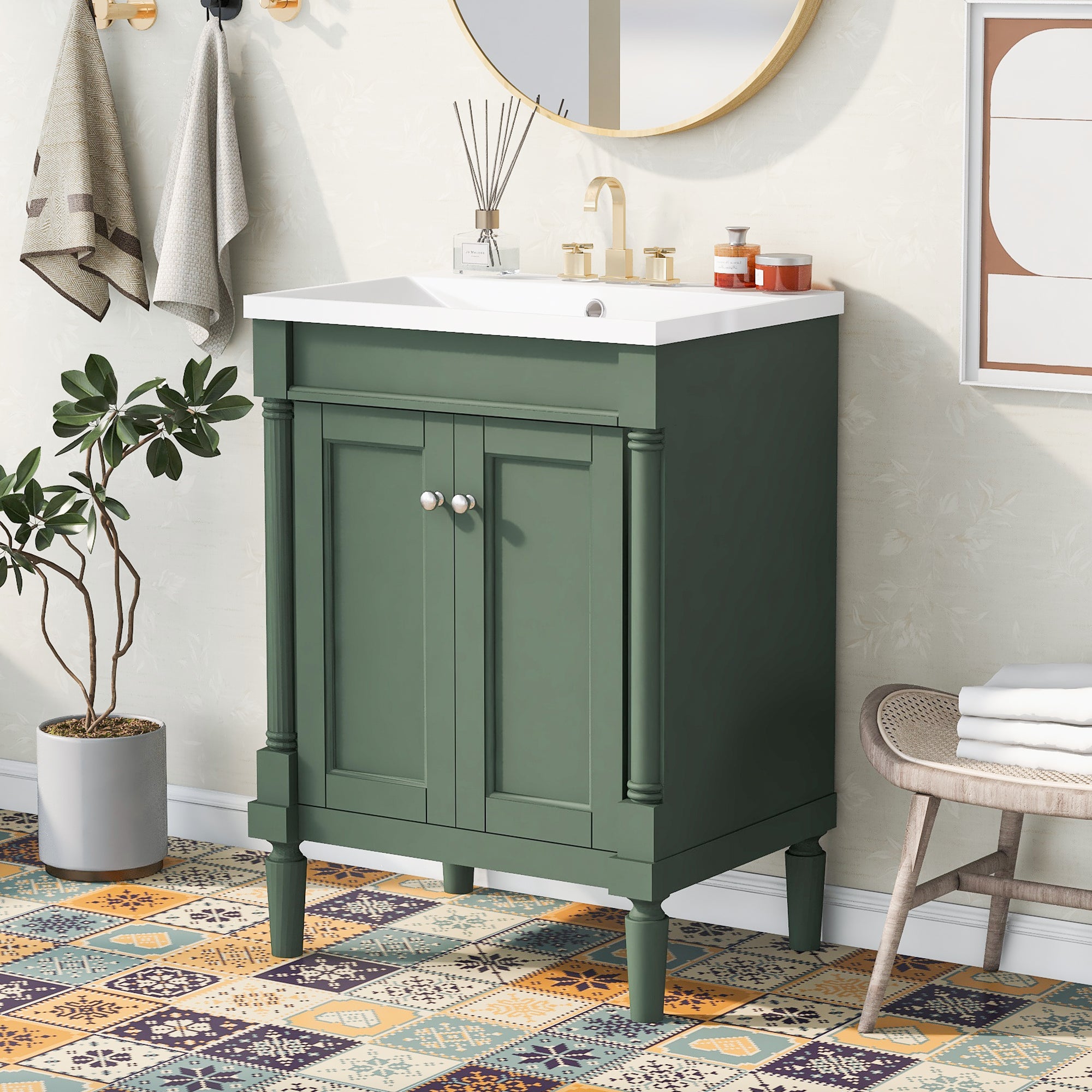 24'' Freestanding Bathroom Vanity Set with Integrated Resin Sink and Shelf