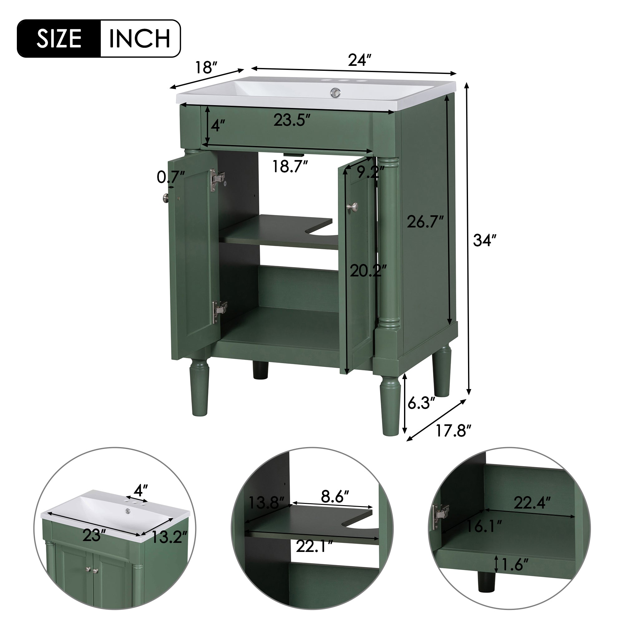 24'' Freestanding Bathroom Vanity Set with Integrated Resin Sink and Shelf