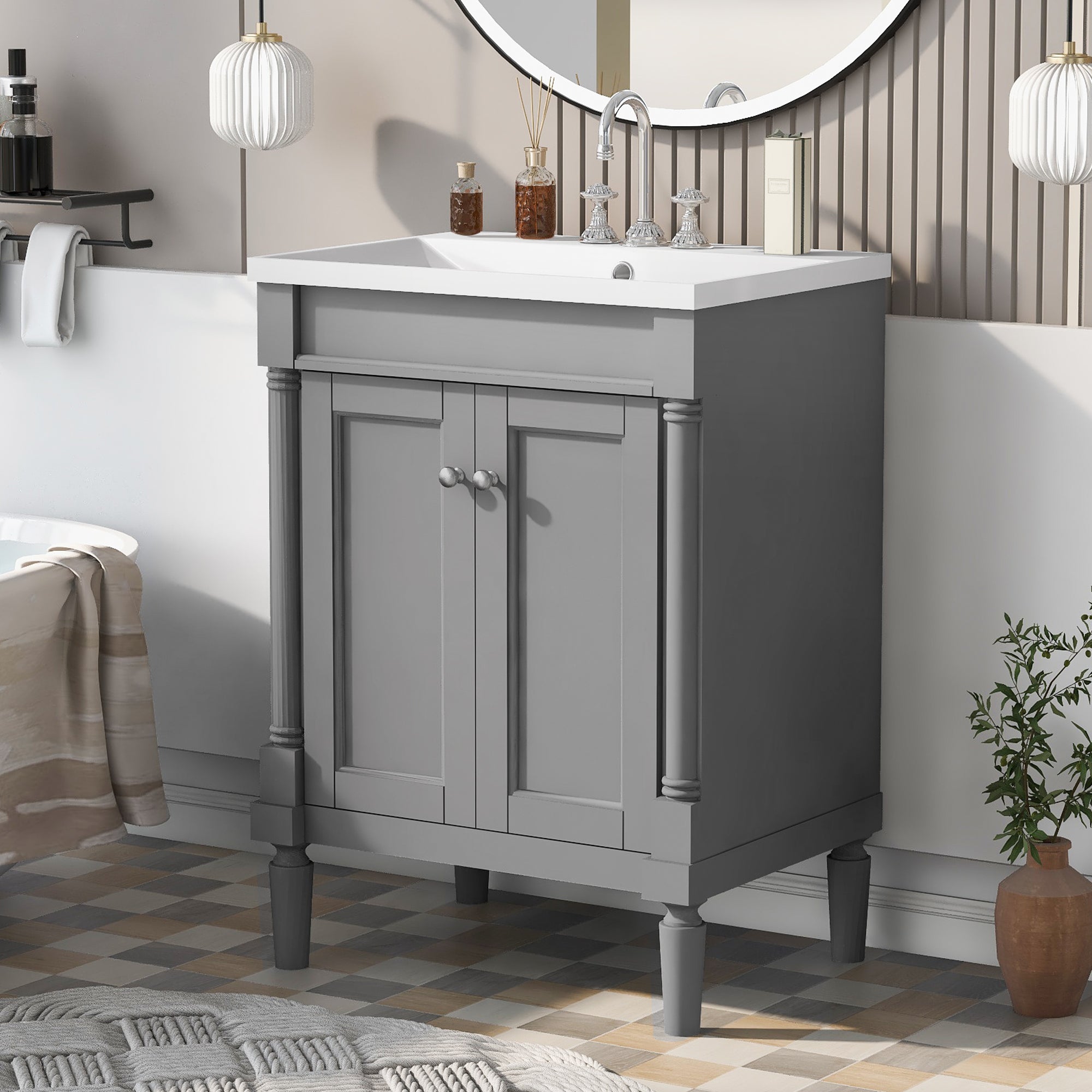 24'' Freestanding Bathroom Vanity Set with Integrated Resin Sink and Shelf