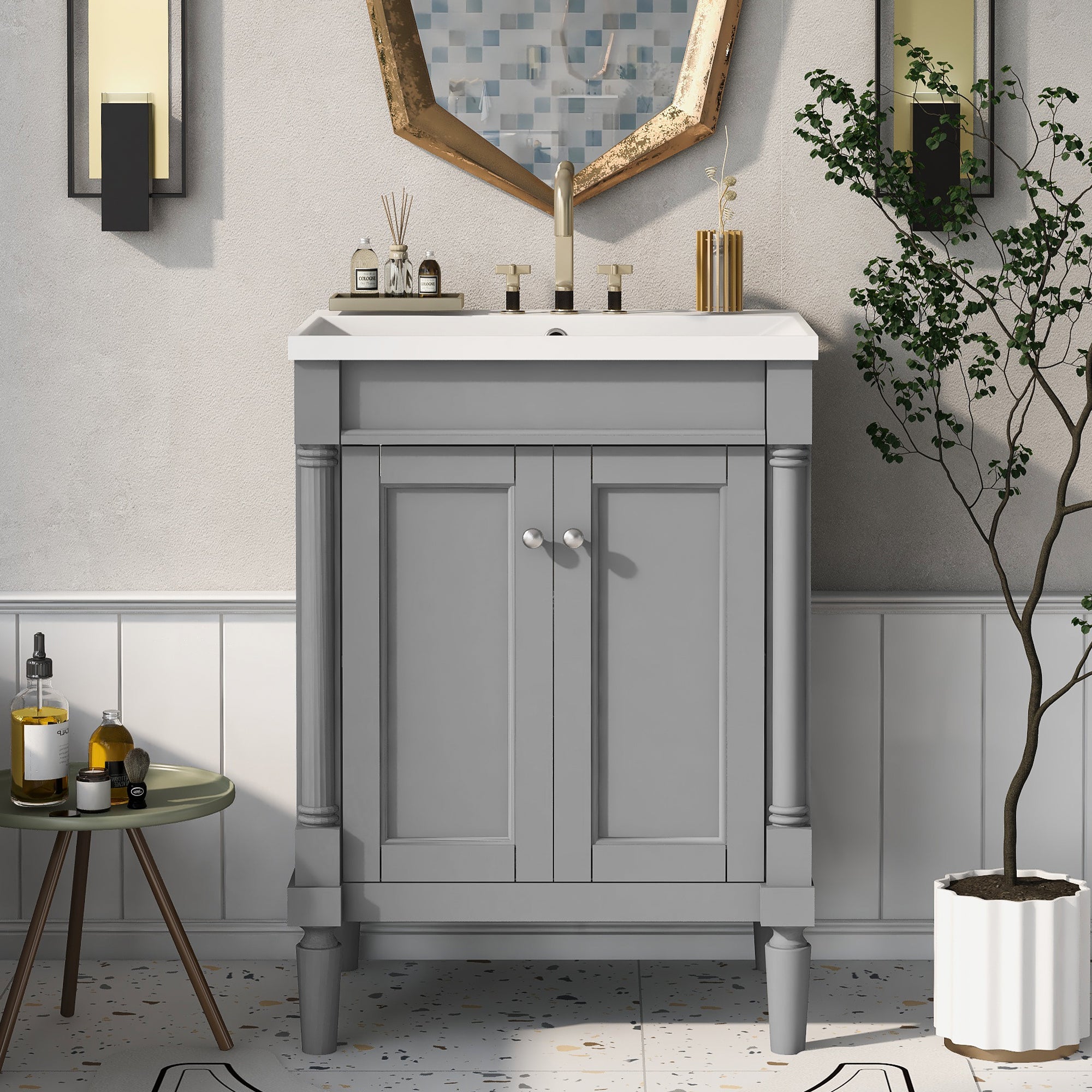24'' Freestanding Bathroom Vanity Set with Integrated Resin Sink and Shelf
