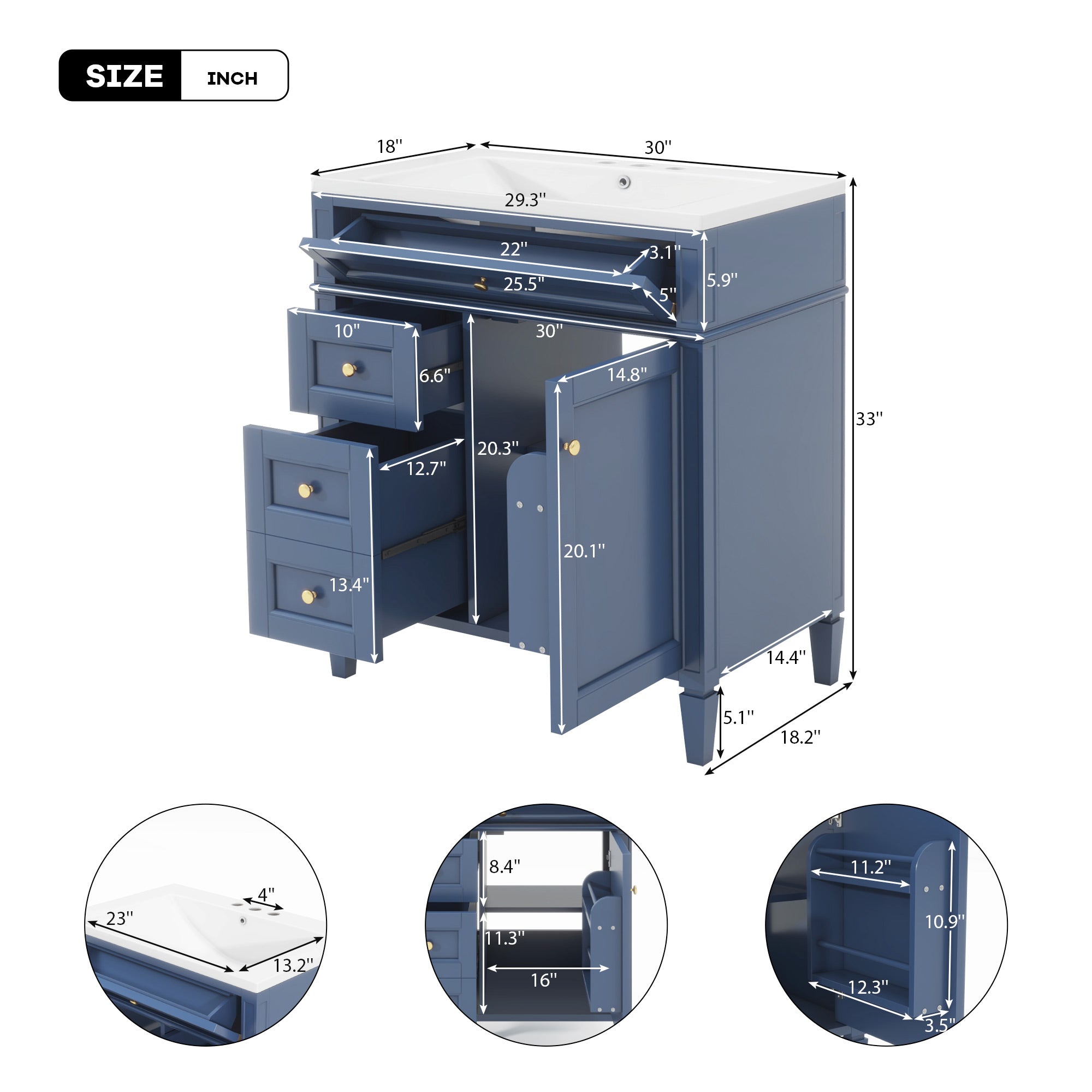 30/36 inches Freestanding Bathroom Vanity Set with Integrated Resin Sink and Drawers