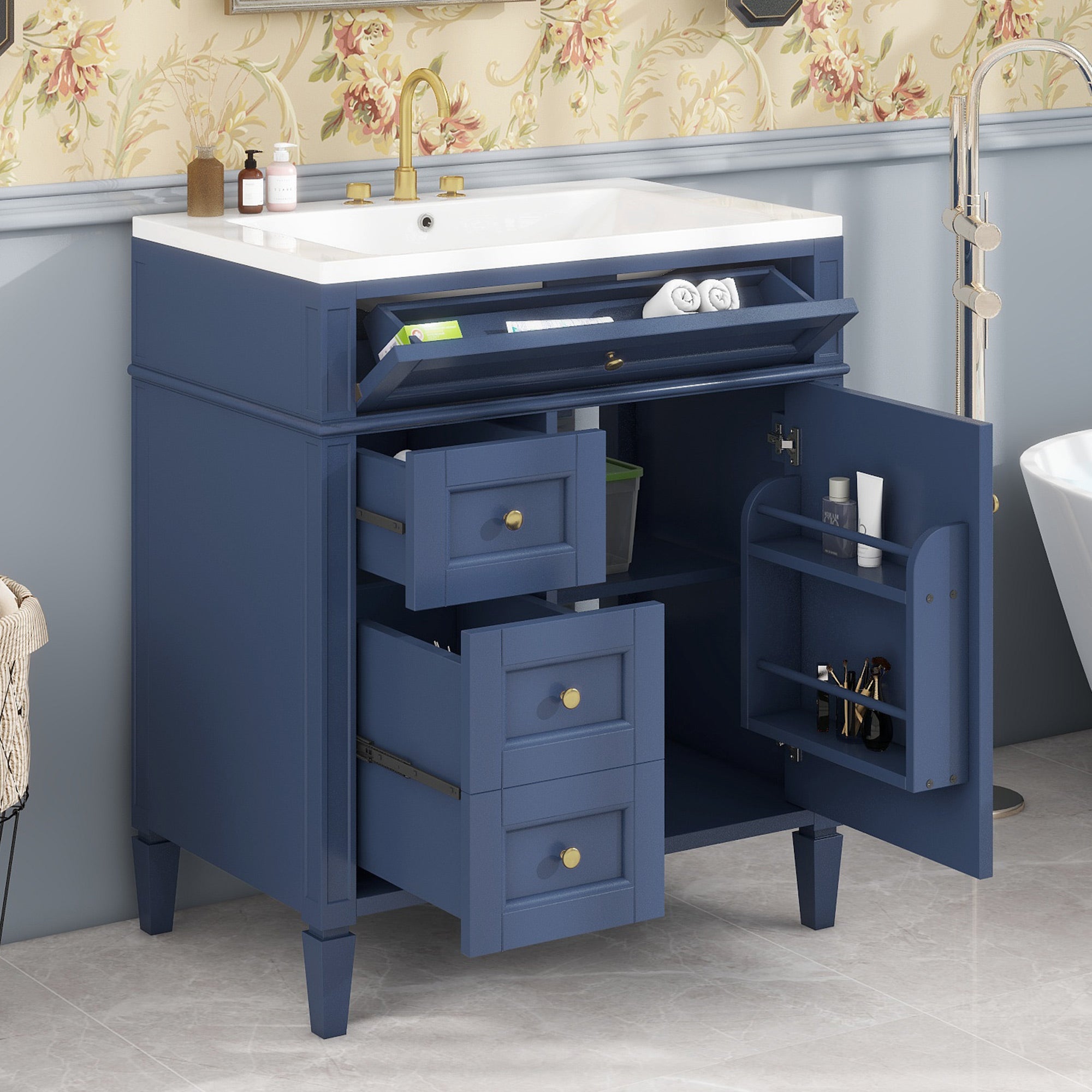 30/36 inches Freestanding Bathroom Vanity Set with Integrated Resin Sink and Drawers