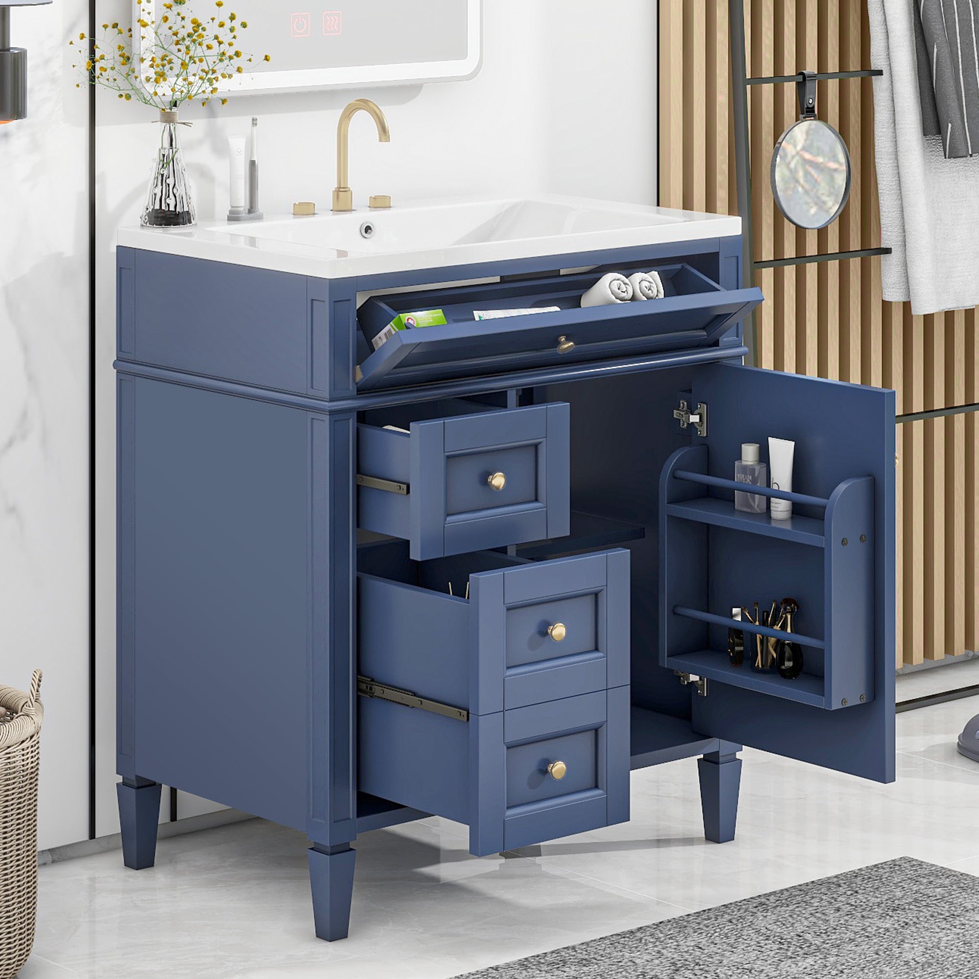 30/36 inches Freestanding Bathroom Vanity Set with Integrated Resin Sink and Drawers