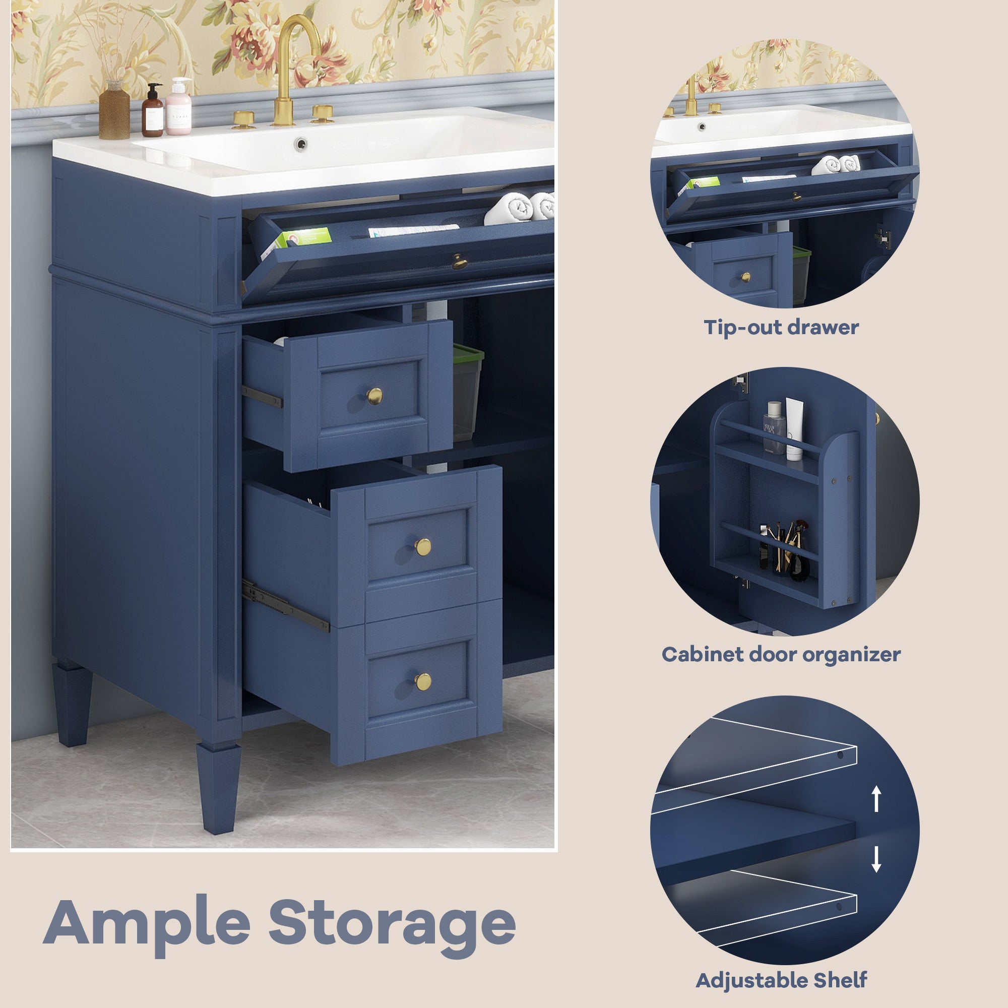 30/36 inches Freestanding Bathroom Vanity Set with Integrated Resin Sink and Drawers