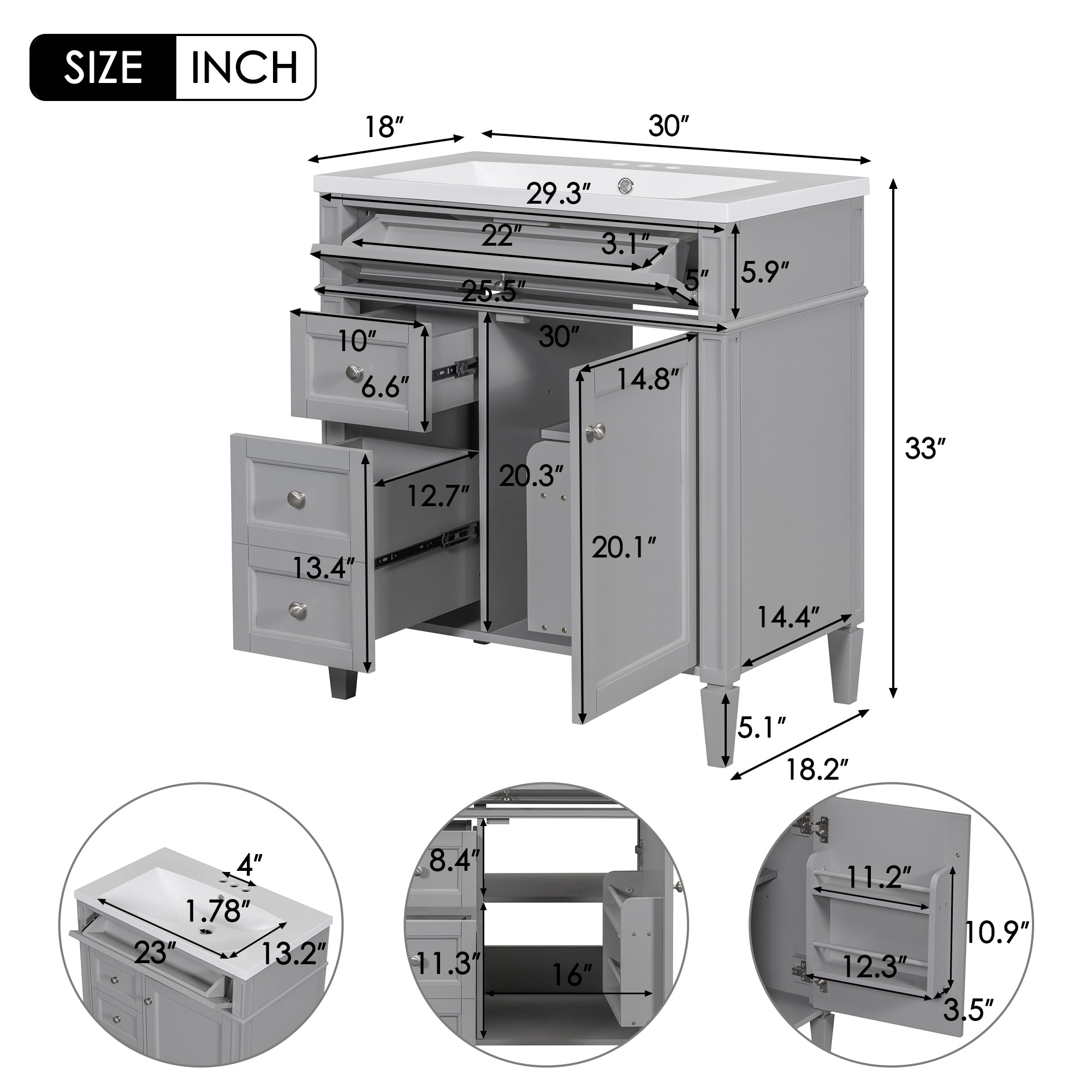 30/36 inches Freestanding Bathroom Vanity Set with Integrated Resin Sink and Drawers