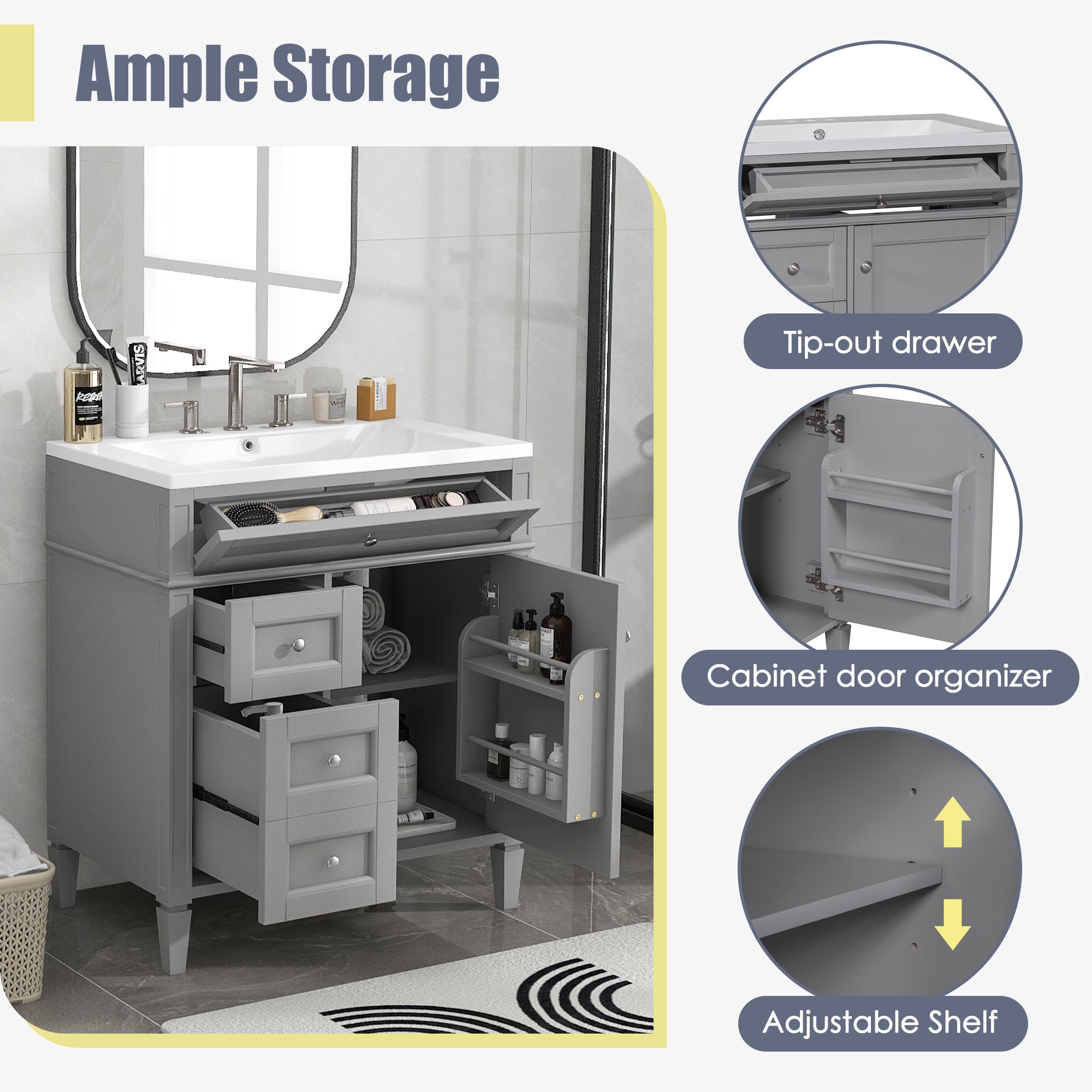 30/36 inches Freestanding Bathroom Vanity Set with Integrated Resin Sink and Drawers