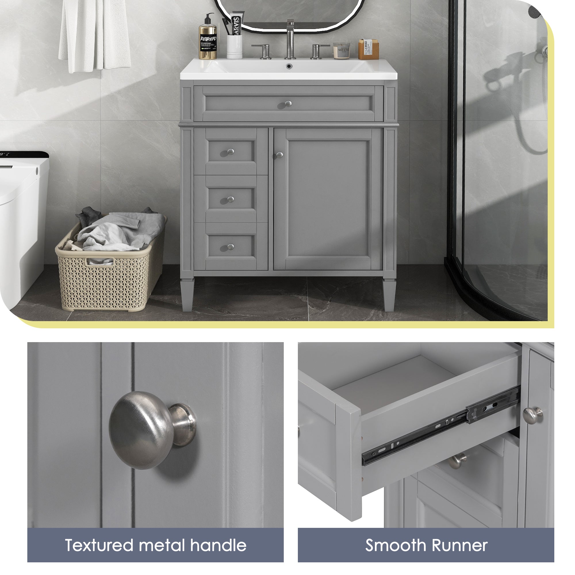 30/36 inches Freestanding Bathroom Vanity Set with Integrated Resin Sink and Drawers