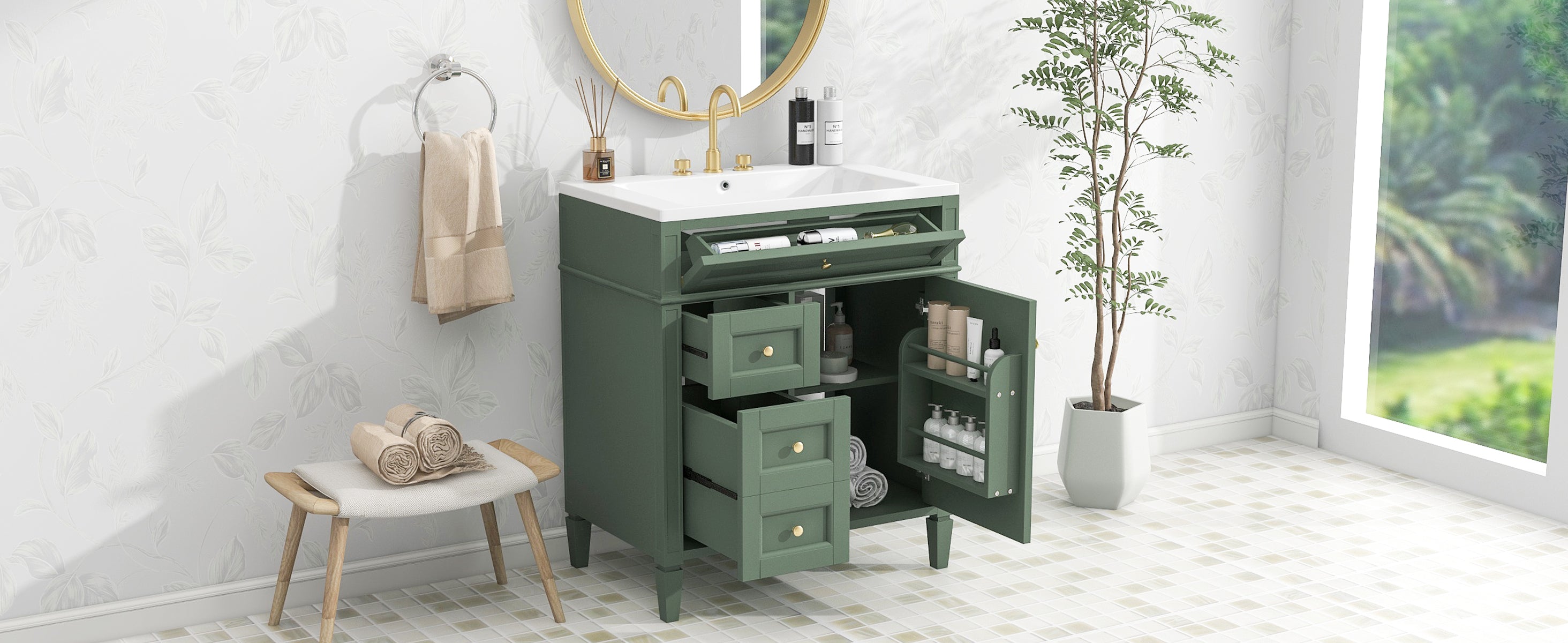 30/36 inches Freestanding Bathroom Vanity Set with Integrated Resin Sink and Drawers