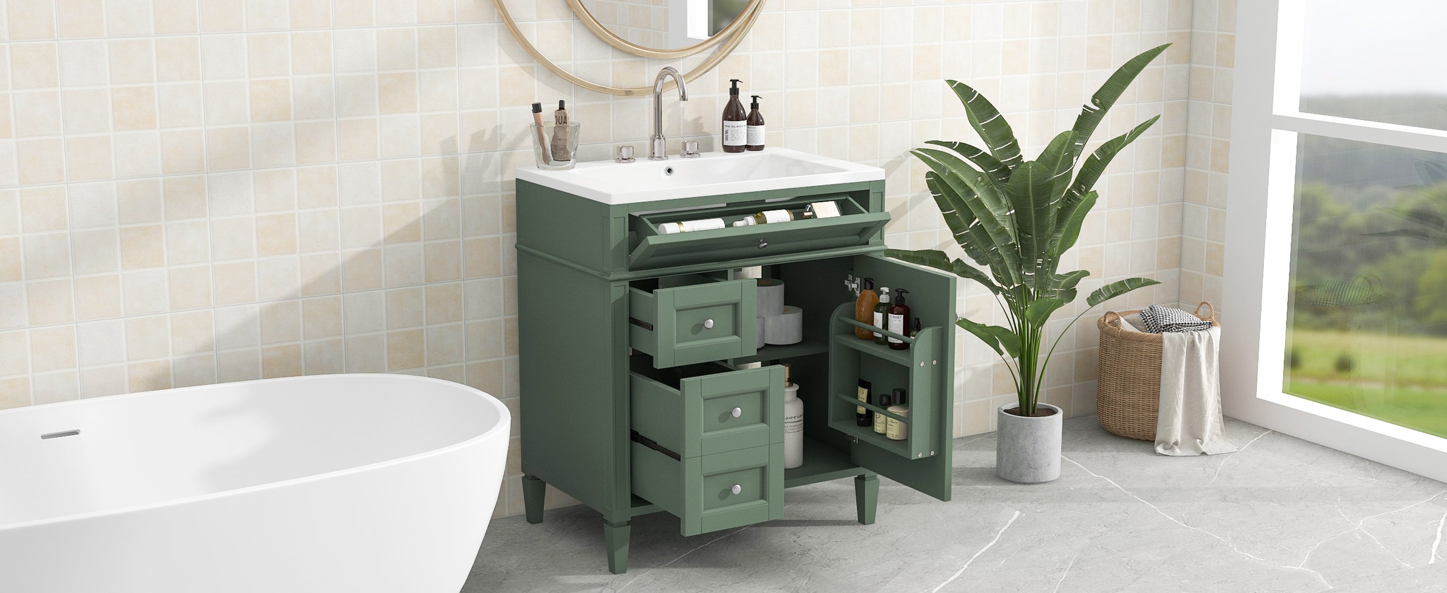 30/36 inches Freestanding Bathroom Vanity Set with Integrated Resin Sink and Drawers