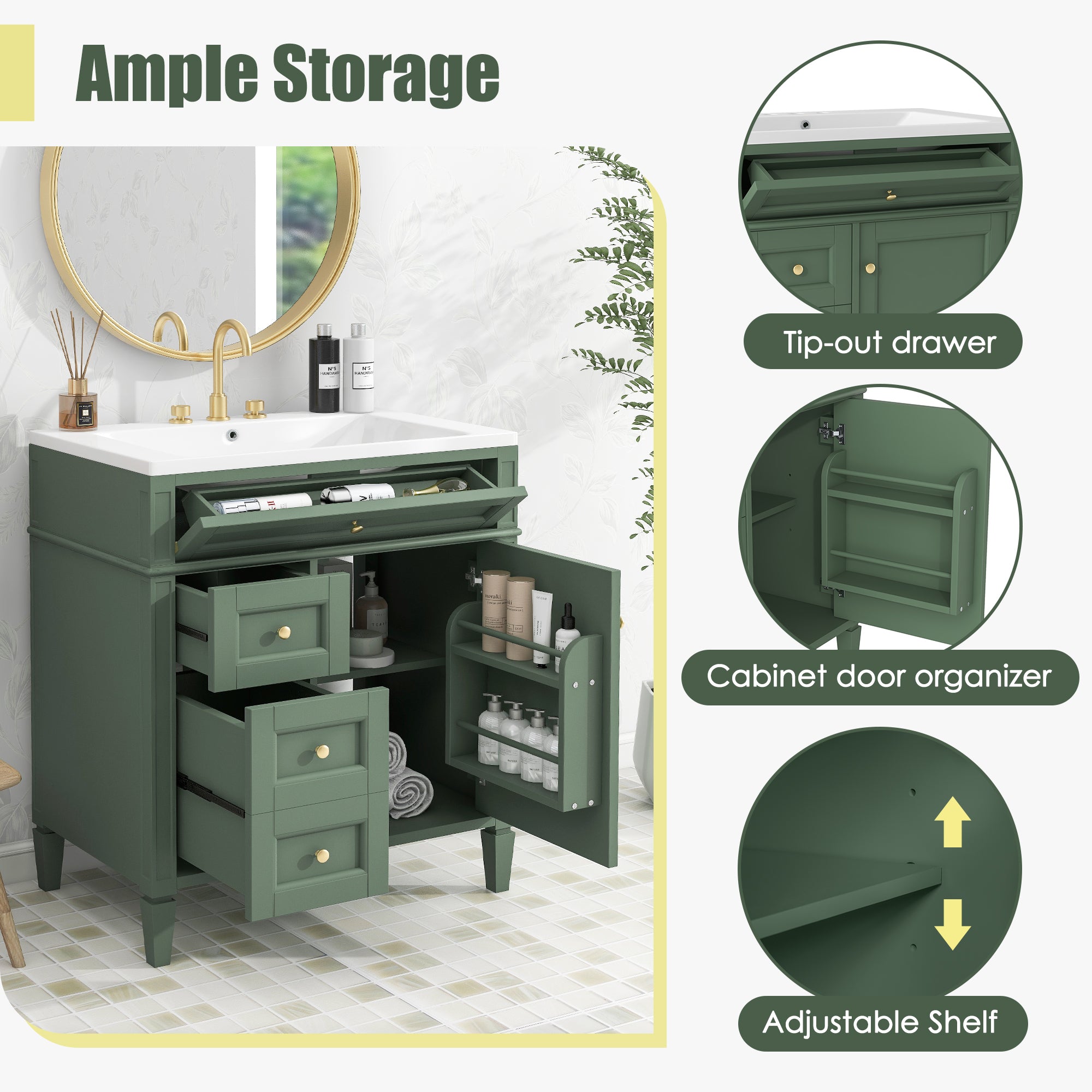 30/36 inches Freestanding Bathroom Vanity Set with Integrated Resin Sink and Drawers